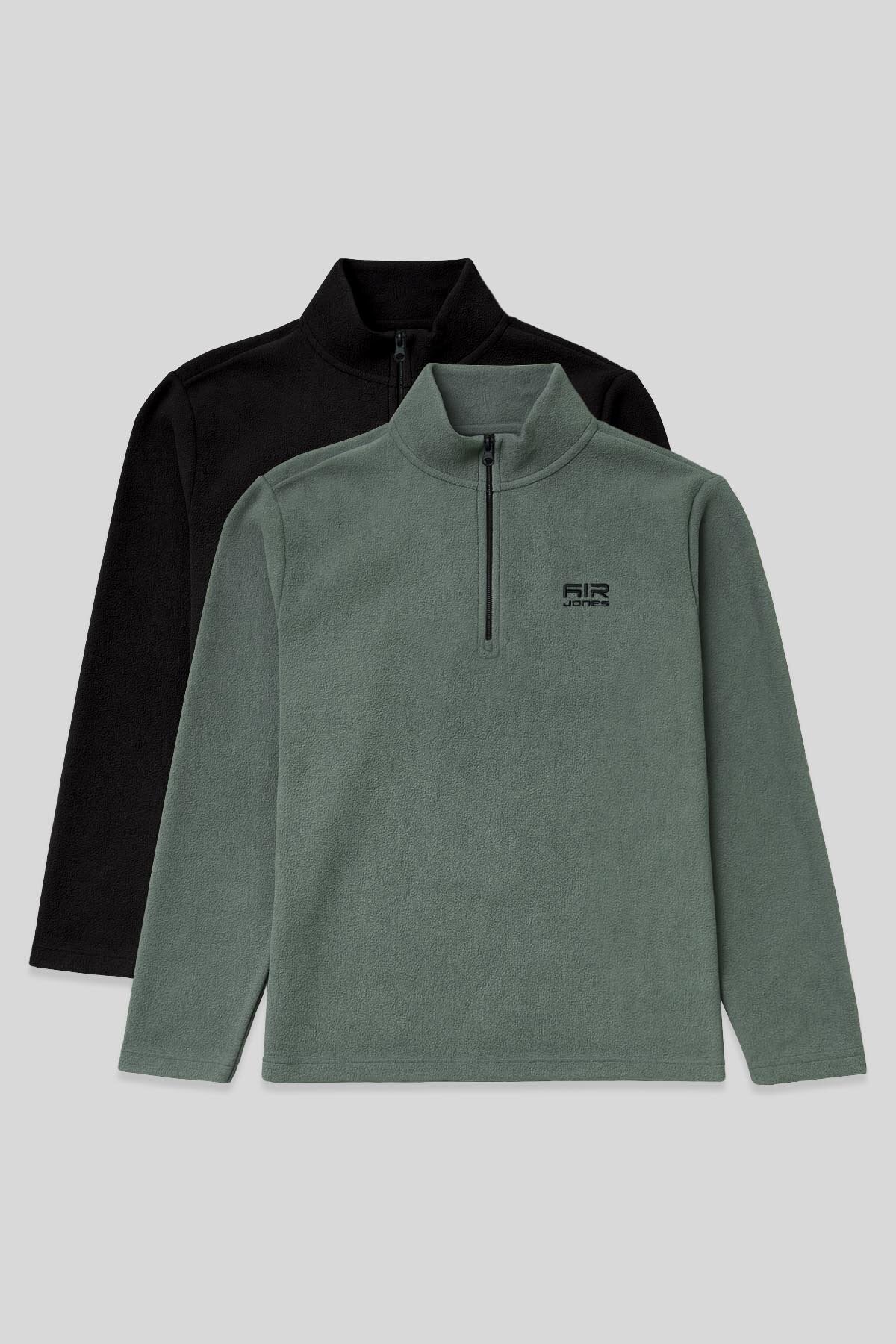 Image of Standart Kalıp Dik Yaka 2'li Paket Siyah-Çağla Erkek Polar Sweatshirt - 88310