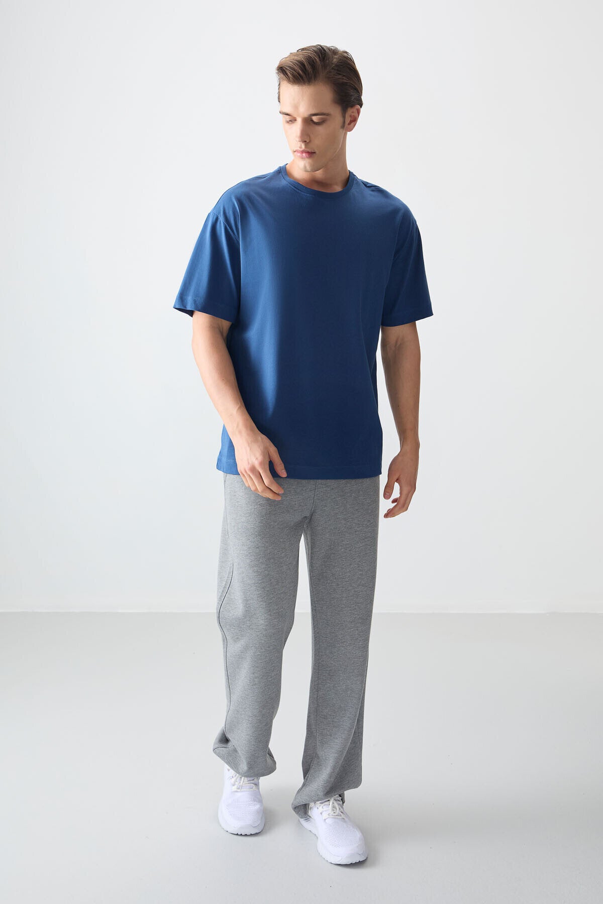 Image of Oversize Fit Basic 3'lü Paket Lacivert-Açık Mavi-Parlament Erkek T-Shirt - 88353