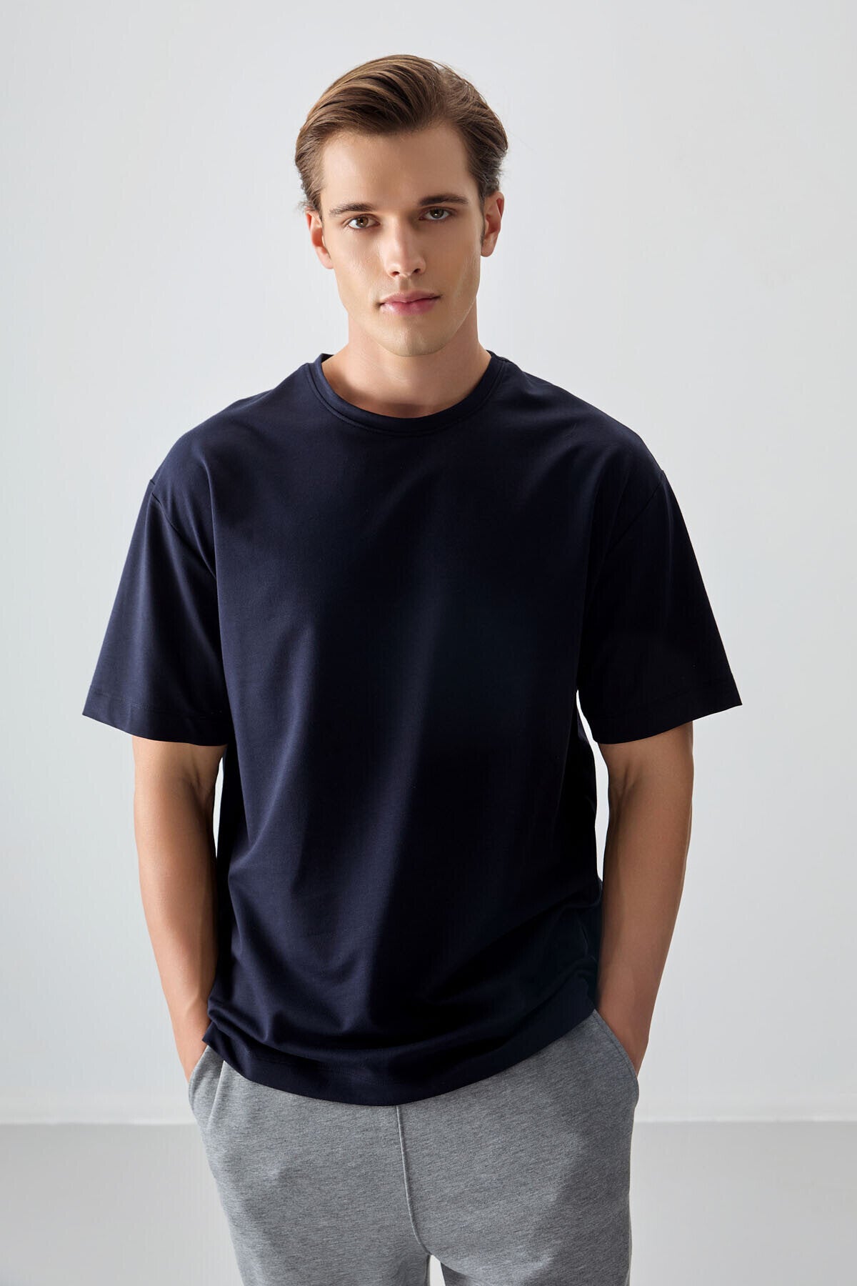 Image of Basic Oversize O Yaka 3'lü Paket Lacivert-Açık Mavi-Parlament Erkek T-Shirt - 88377