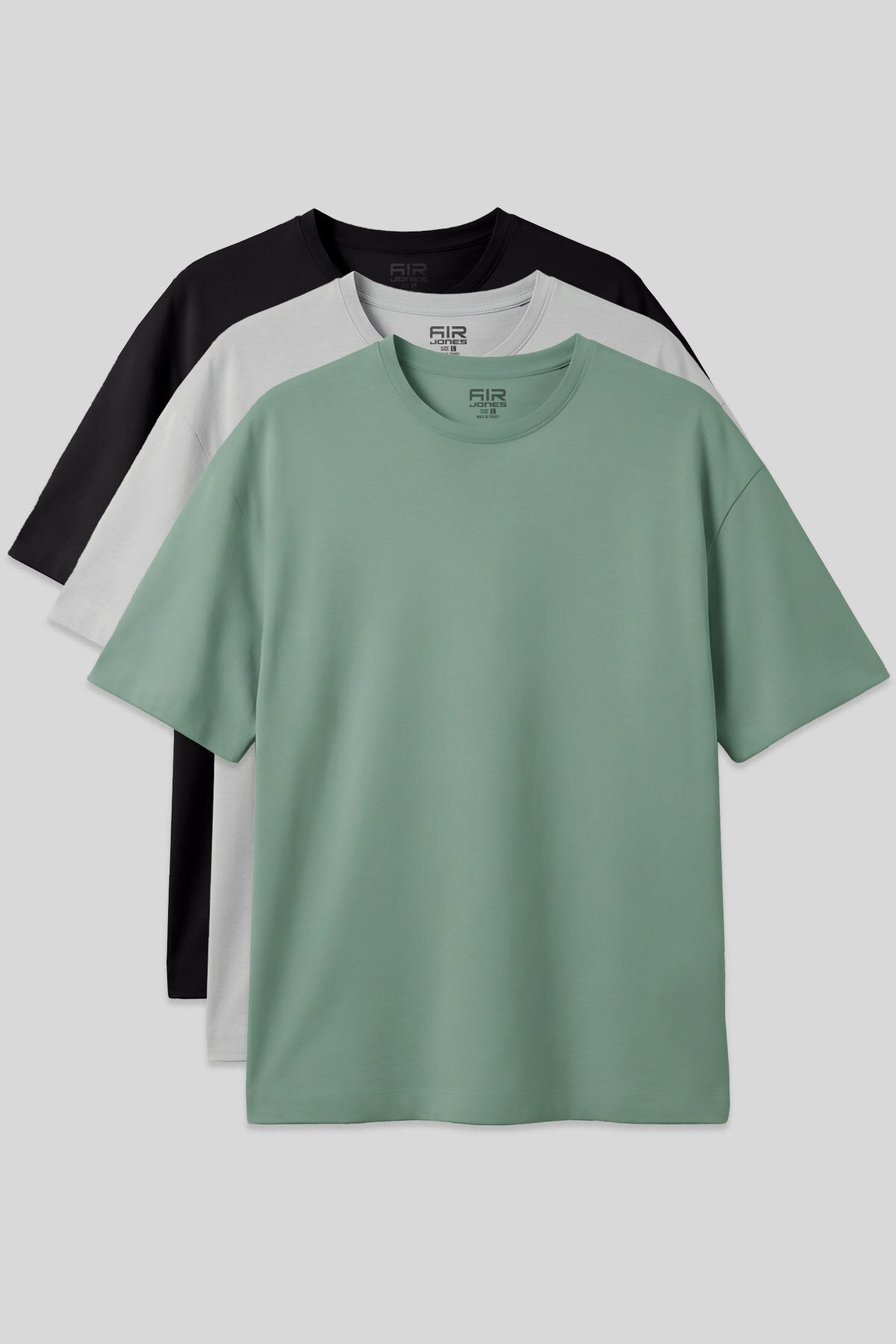 Image of Basic Oversize O Yaka 3'lü Paket Siyah-Taş-Açık Yeşil Erkek T-Shirt - 88377