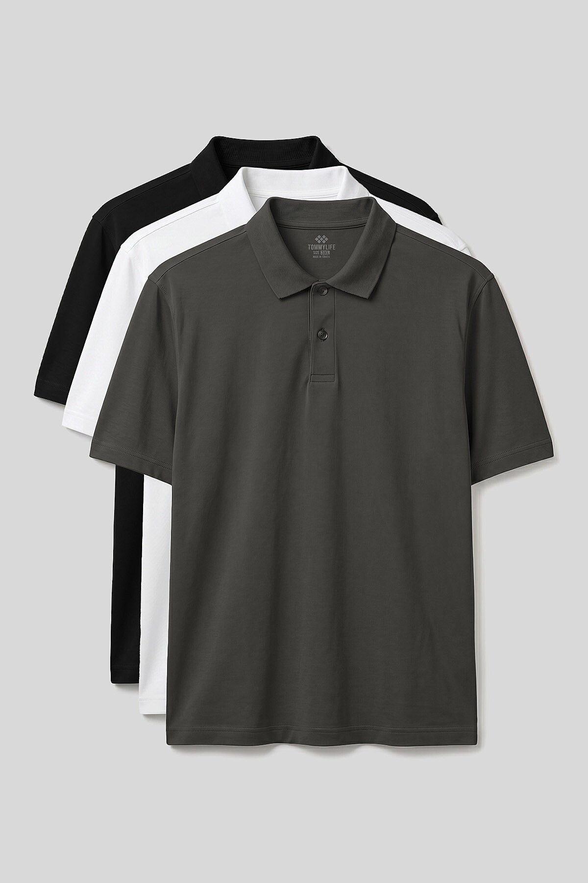 Image of Polo Yaka Büyük Beden 3'lü Paket Siyah-Beyaz-Haki Erkek T-Shirt - 88511
