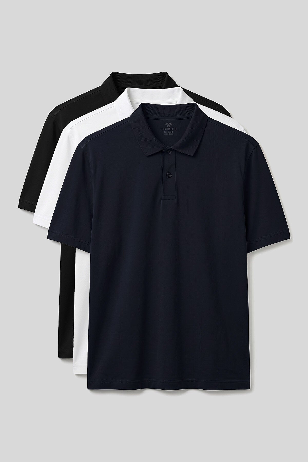 Image of Polo Yaka Büyük Beden 3'lü Paket Siyah-Beyaz-Lacivert Erkek T-Shirt - 88511