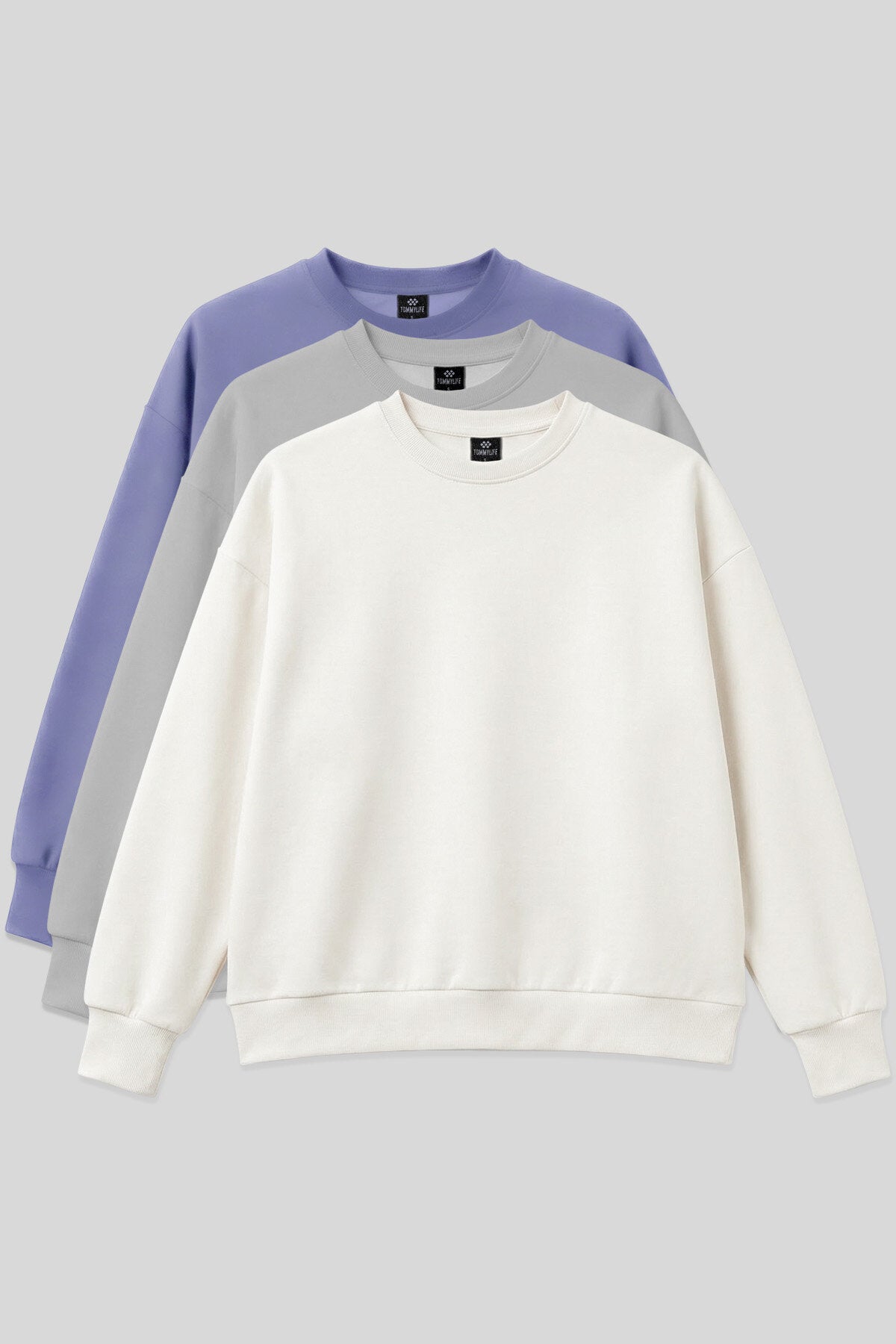 Image of Basic Oversıze O Yaka 3'lü Paket Ekru-Taş- Açık Eflatun Kadın Sweatshirt - 97053