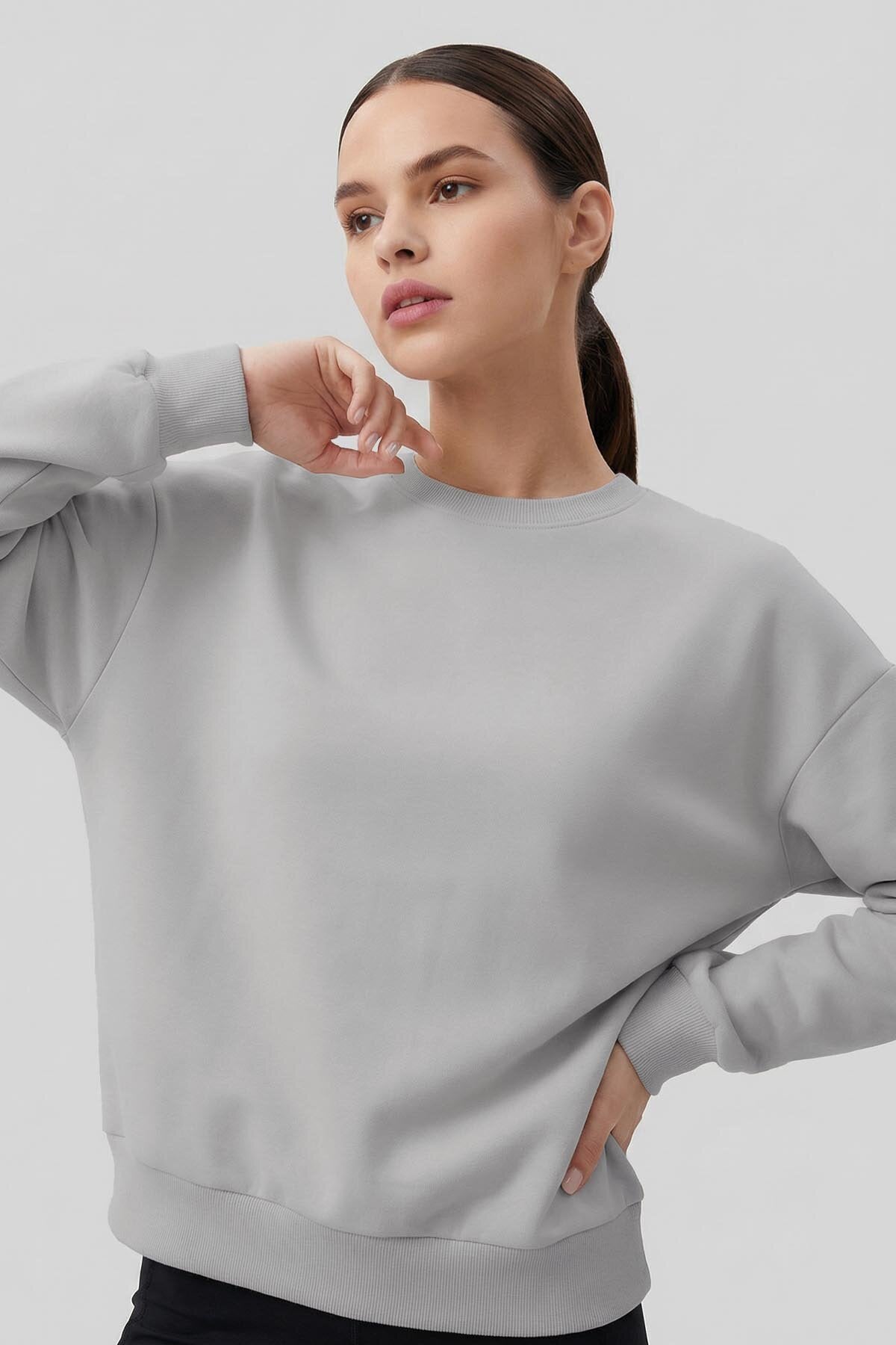 Image of Basic Oversıze O Yaka 3'lü Paket Ekru-Taş- Açık Eflatun Kadın Sweatshirt - 97053