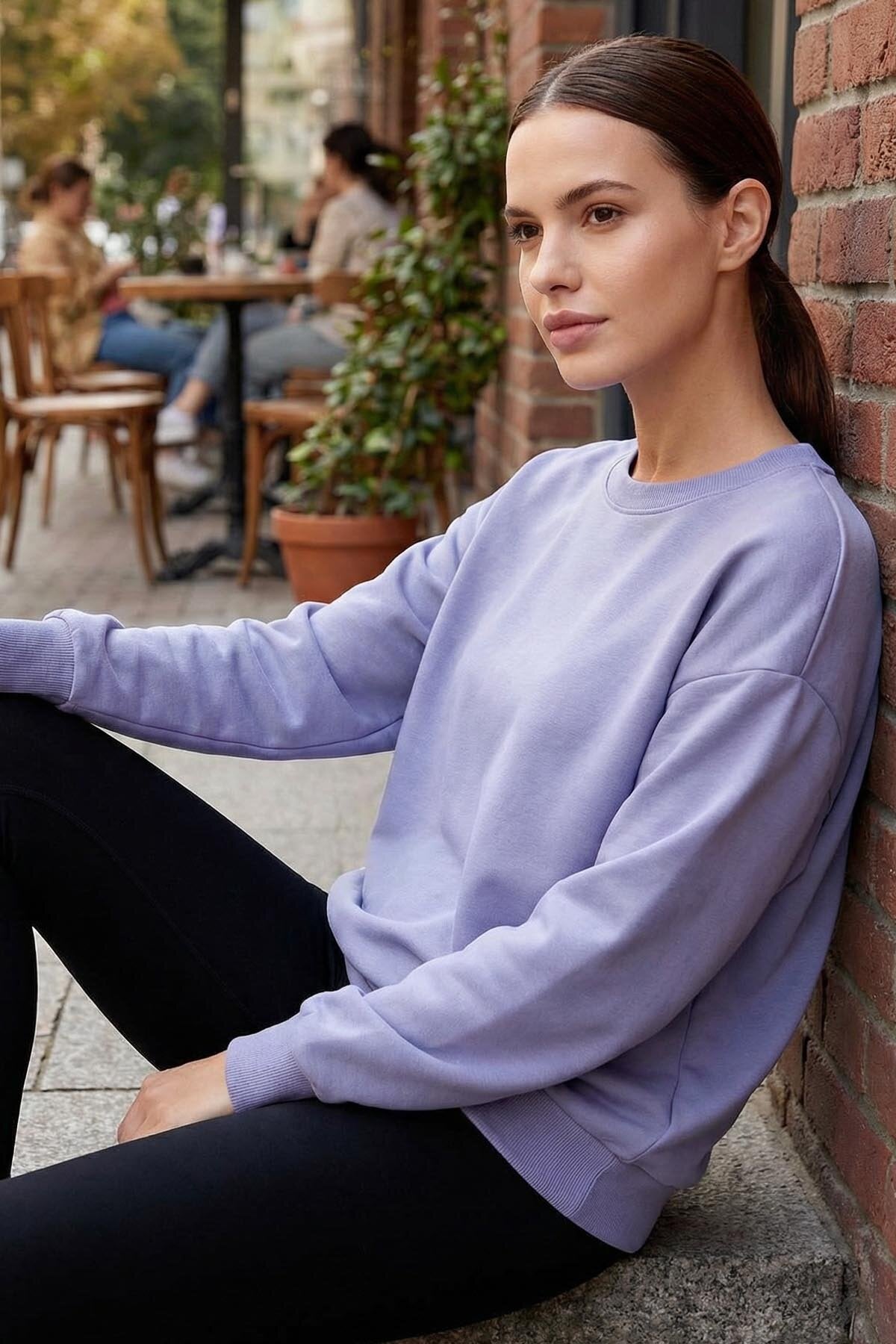 Image of Basic Oversıze O Yaka 3'lü Paket Ekru-Taş- Açık Eflatun Kadın Sweatshirt - 97053