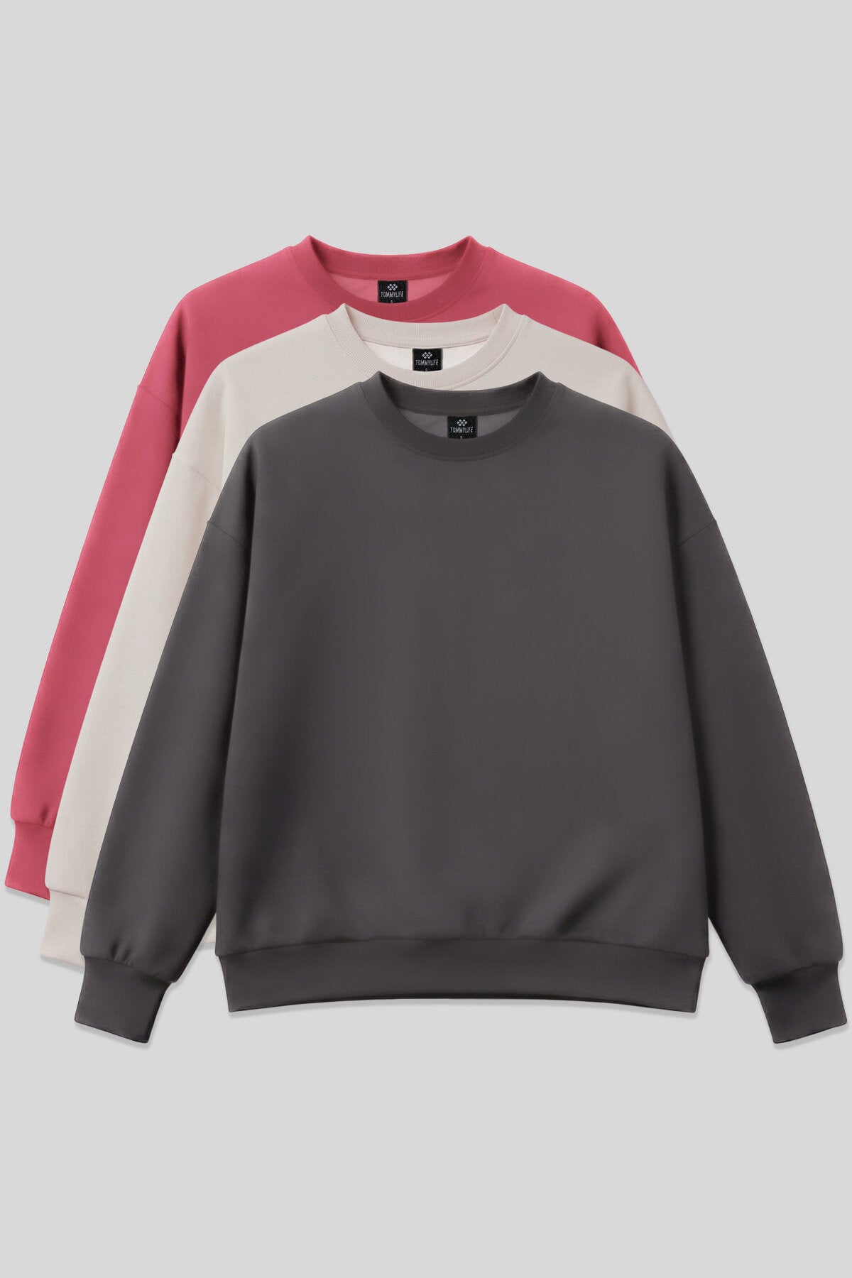Image of Hanorac de damă Basic Oversize cu guler rotund, set de 3, gri închis-bej-roz sălbatic - 97053