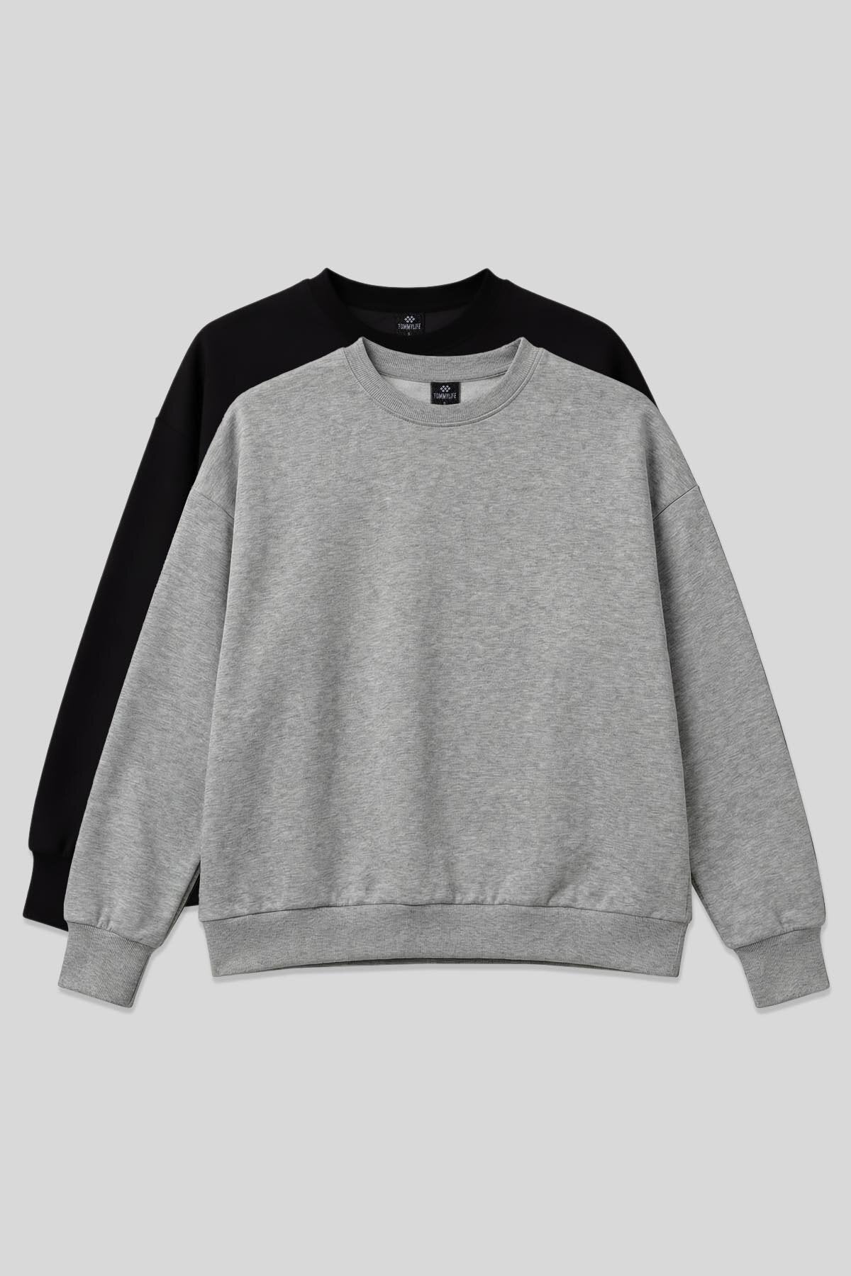 Image of Basic Oversıze O Yaka 2'li Paket Siyah-Gri Melanj Kadın Sweatshirt - 97053