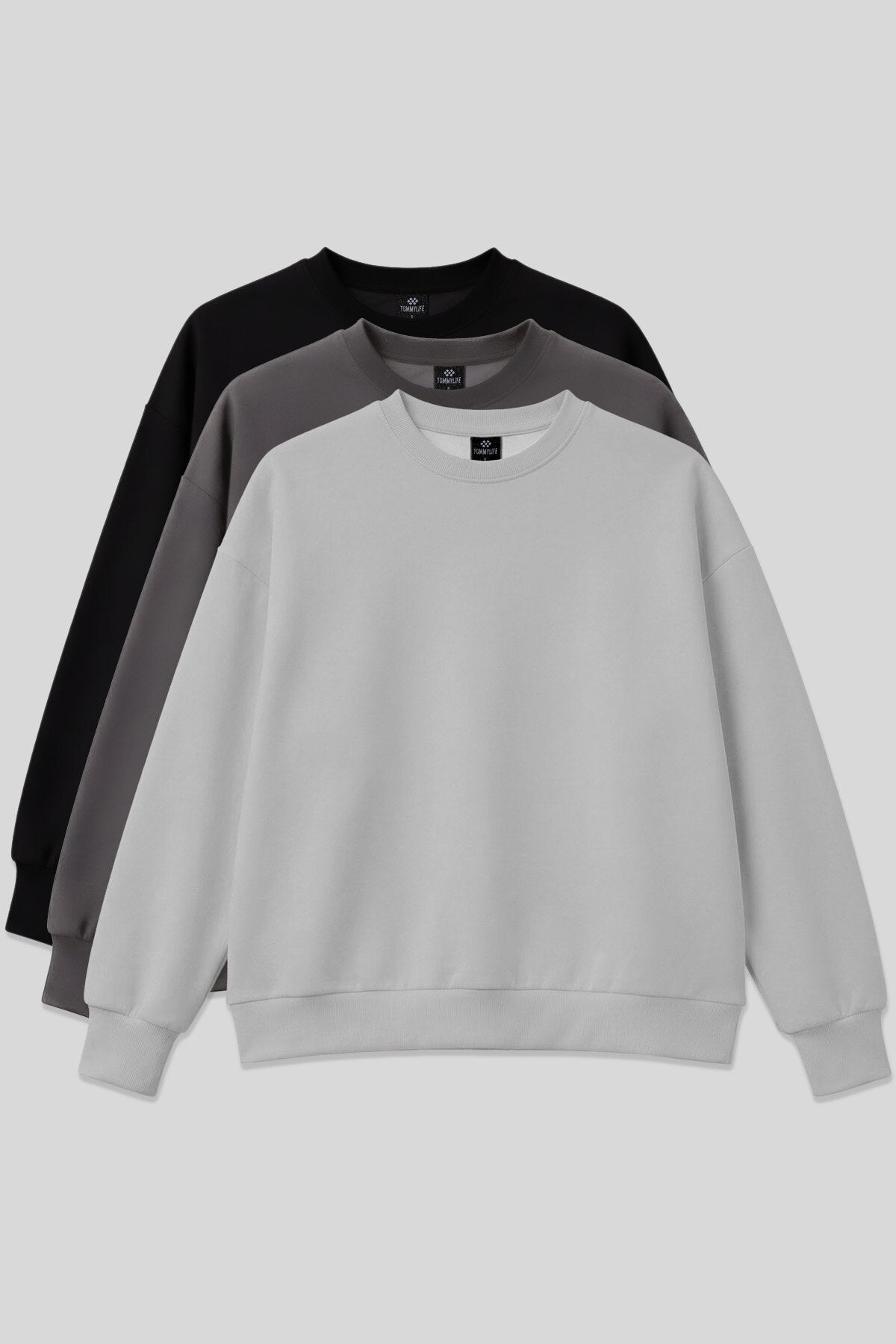 Image of Basic Oversıze O Yaka 3'lü Paket Siyah-Koyu Gri- Taş Kadın Sweatshirt - 97053