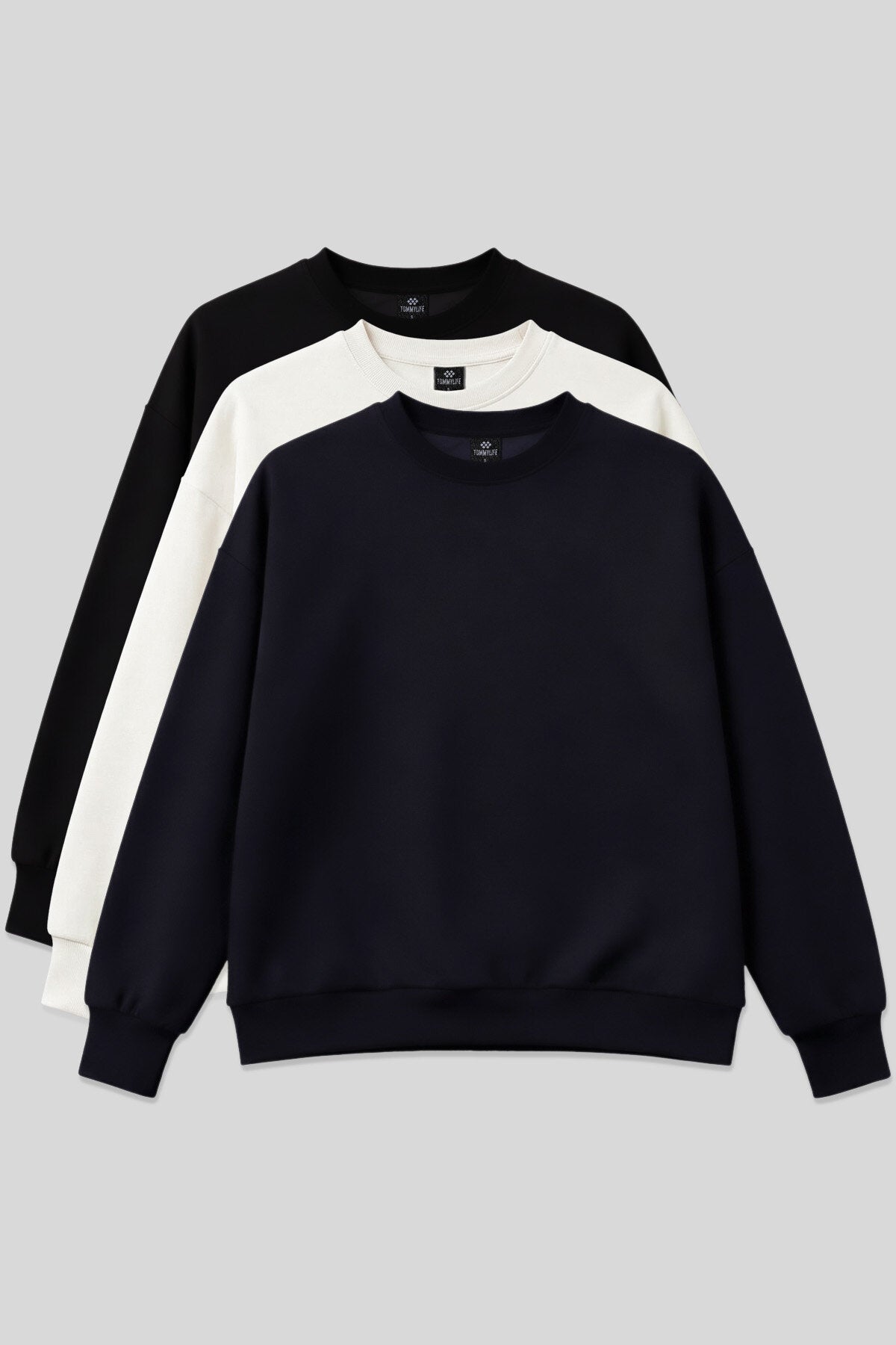 Image of Basic Oversıze O Yaka 3'lü Paket Siyah-Lacivert- Ekru Kadın Sweatshirt - 97053