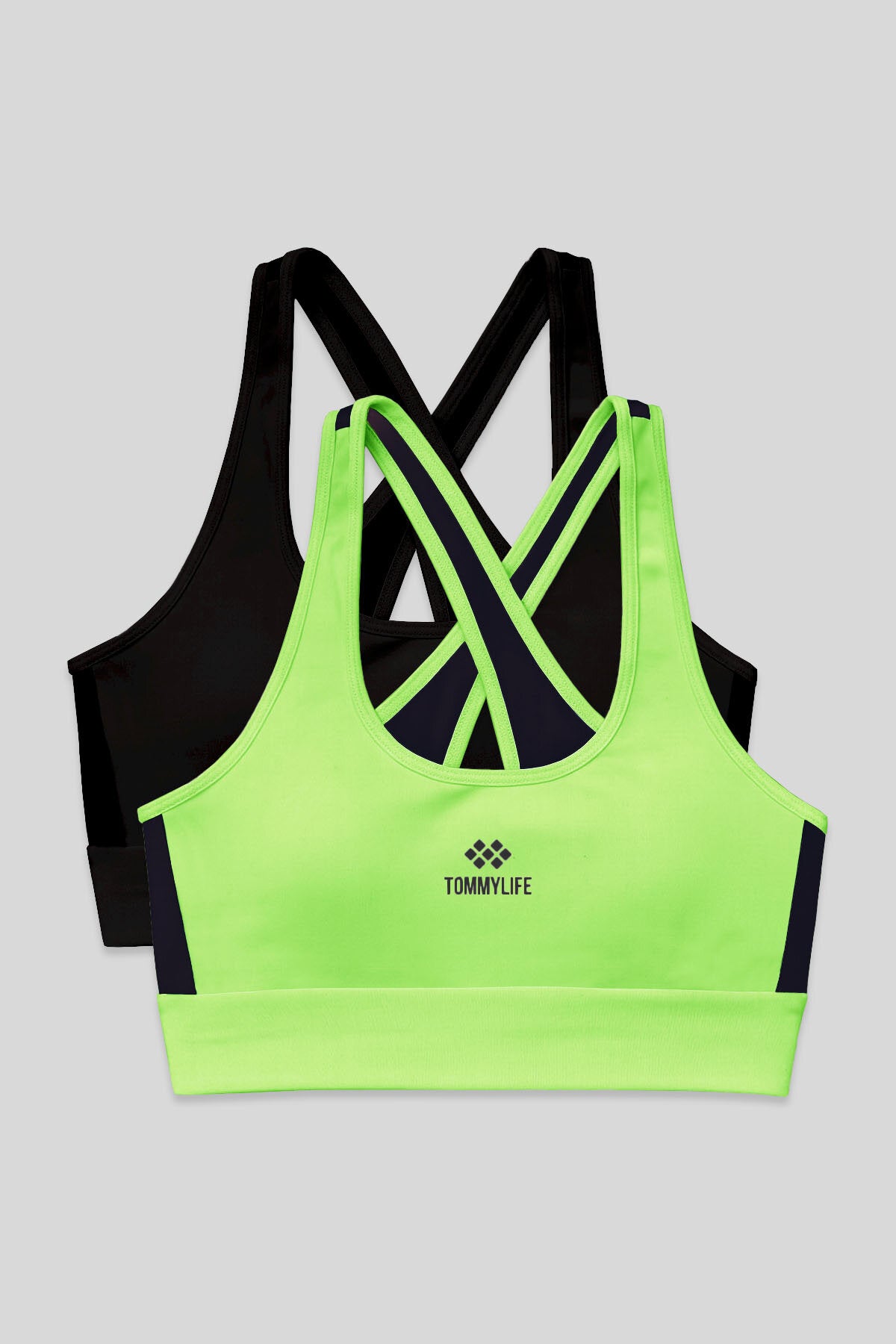 Image of Slim Fit U Yaka 2'li Paket Siyah-Neon Sarı Kadın Spor Büstiyer - 97121