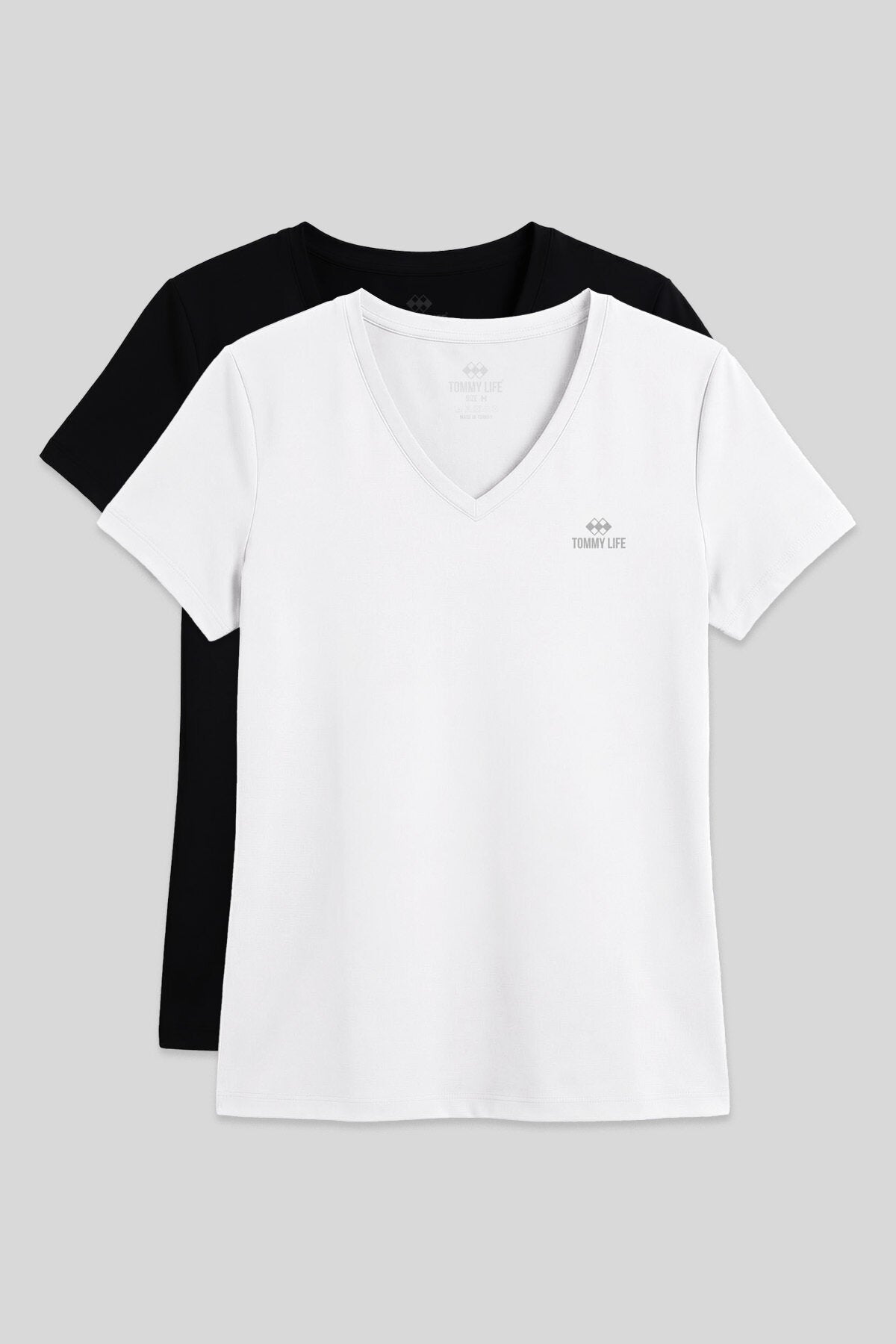 Image of Standart Kalıp Basic V Yaka 2'li Paket Siyah-Beyaz Kadın T-Shirt - 97145