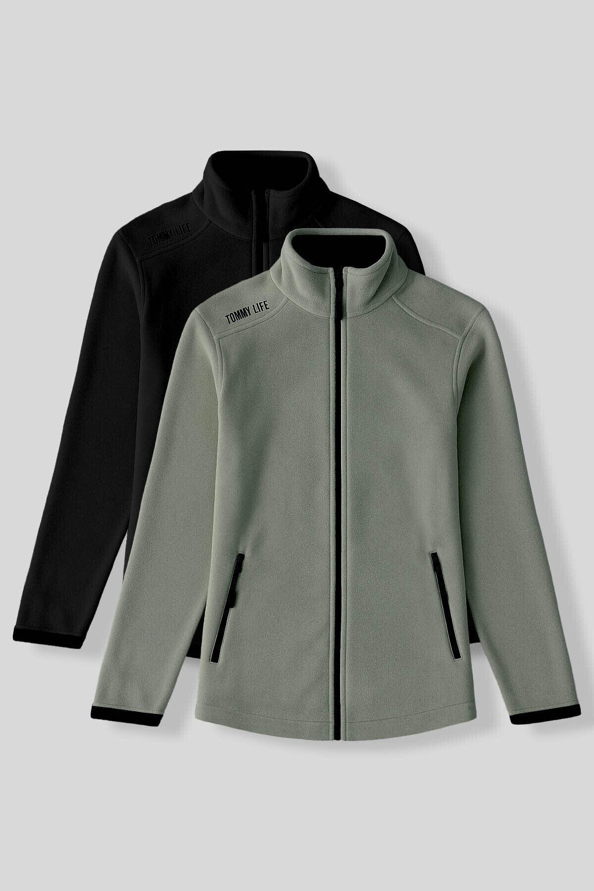 Image of Rahat Form Dik Yaka 2'li Paket Siyah-Çağla Kadın Polar Sweatshirt - 97173