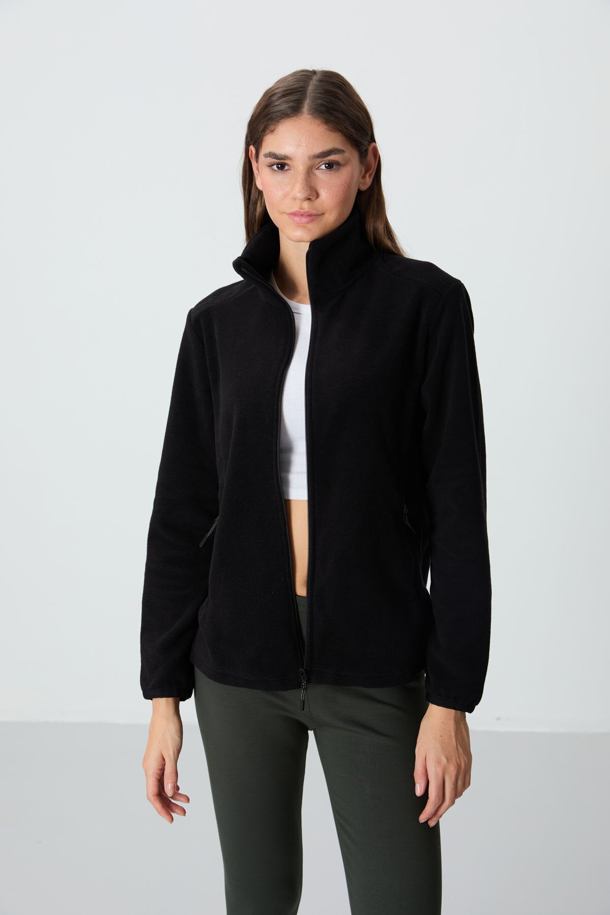 Image of Rahat Form Dik Yaka 2'li Paket Siyah-Koyu Bej Kadın Polar Sweatshirt - 97173
