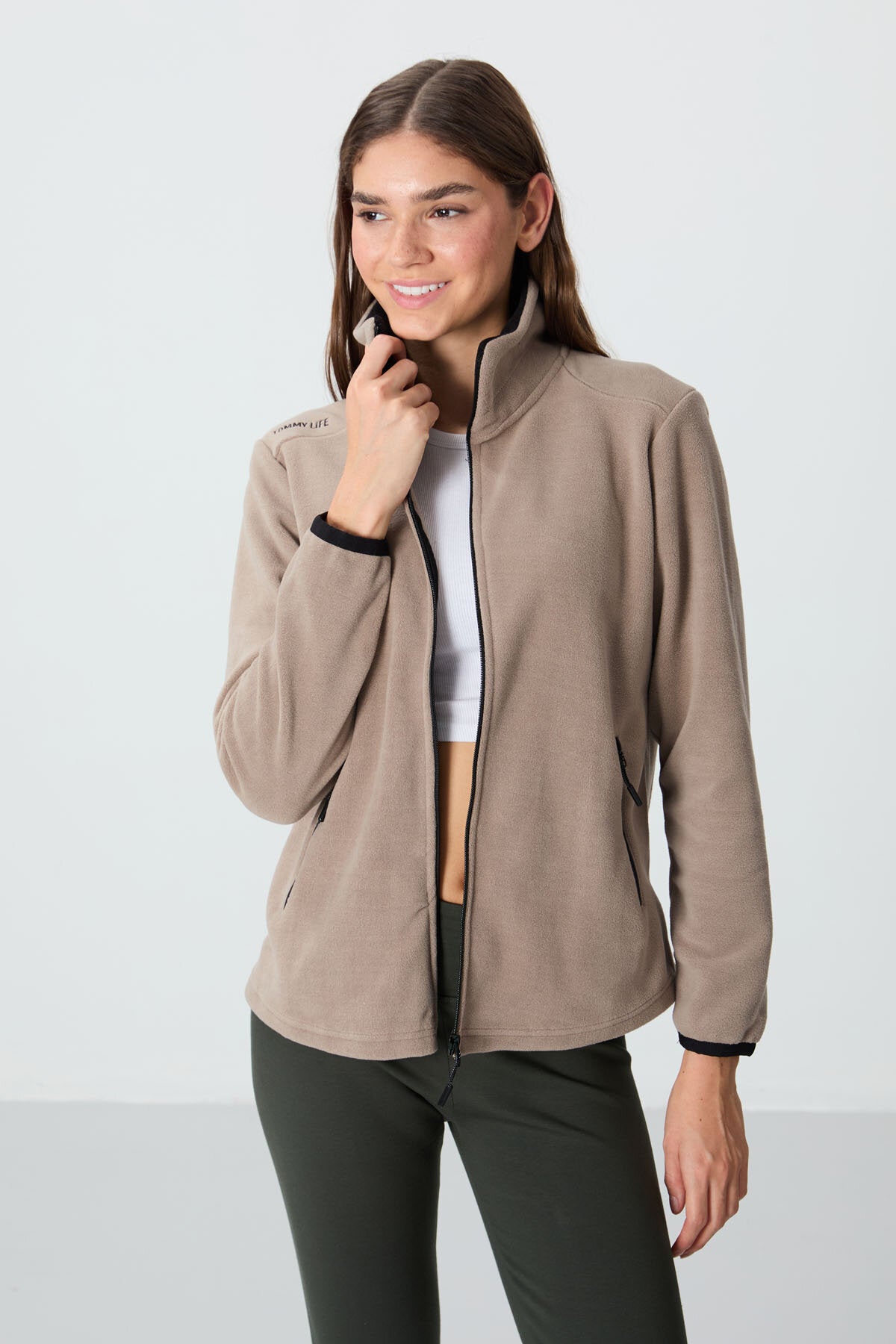 Image of Rahat Form Dik Yaka 2'li Paket Siyah-Koyu Bej Kadın Polar Sweatshirt - 97173