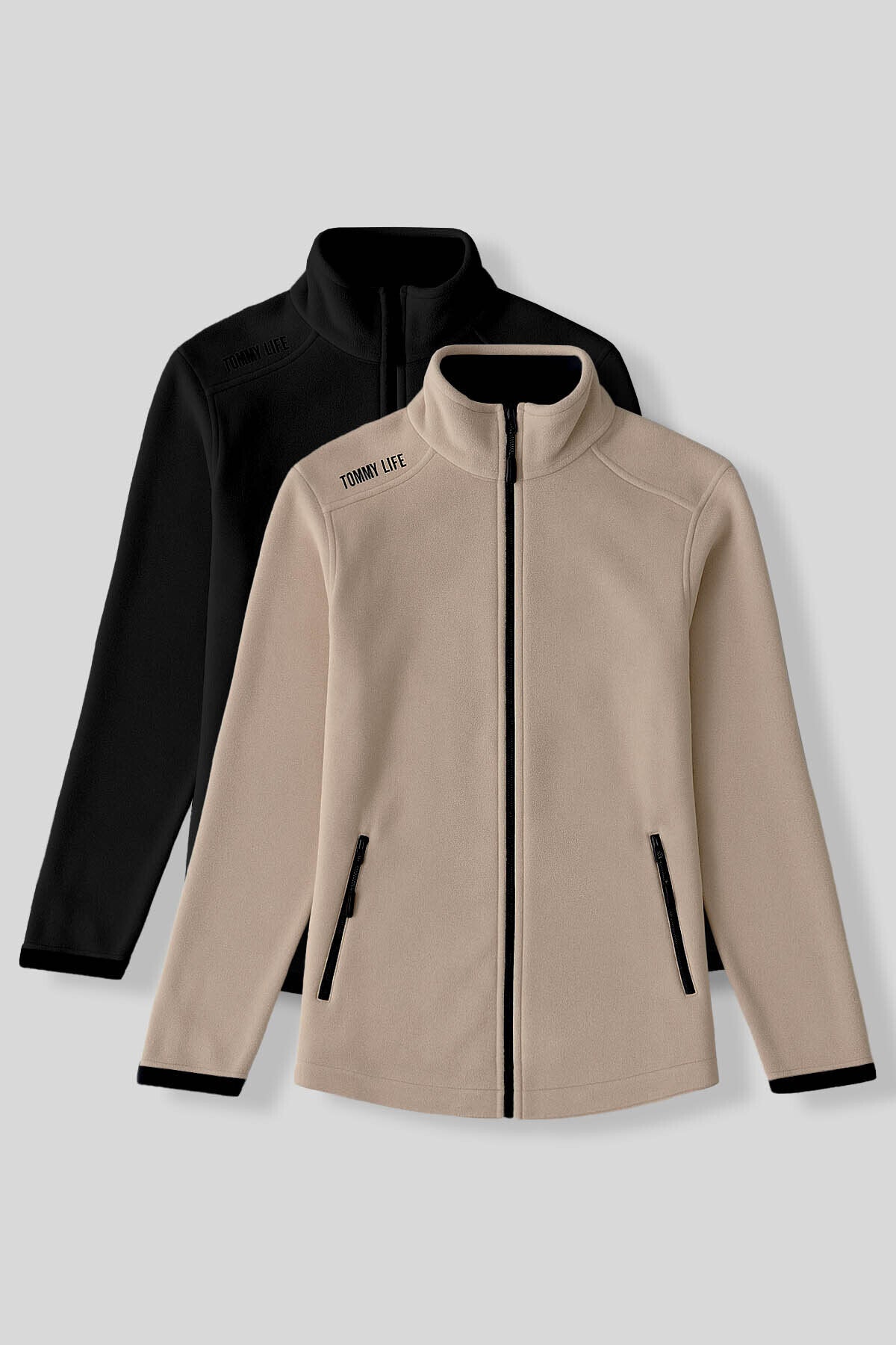 Image of Rahat Form Dik Yaka 2'li Paket Siyah-Koyu Bej Kadın Polar Sweatshirt - 97173