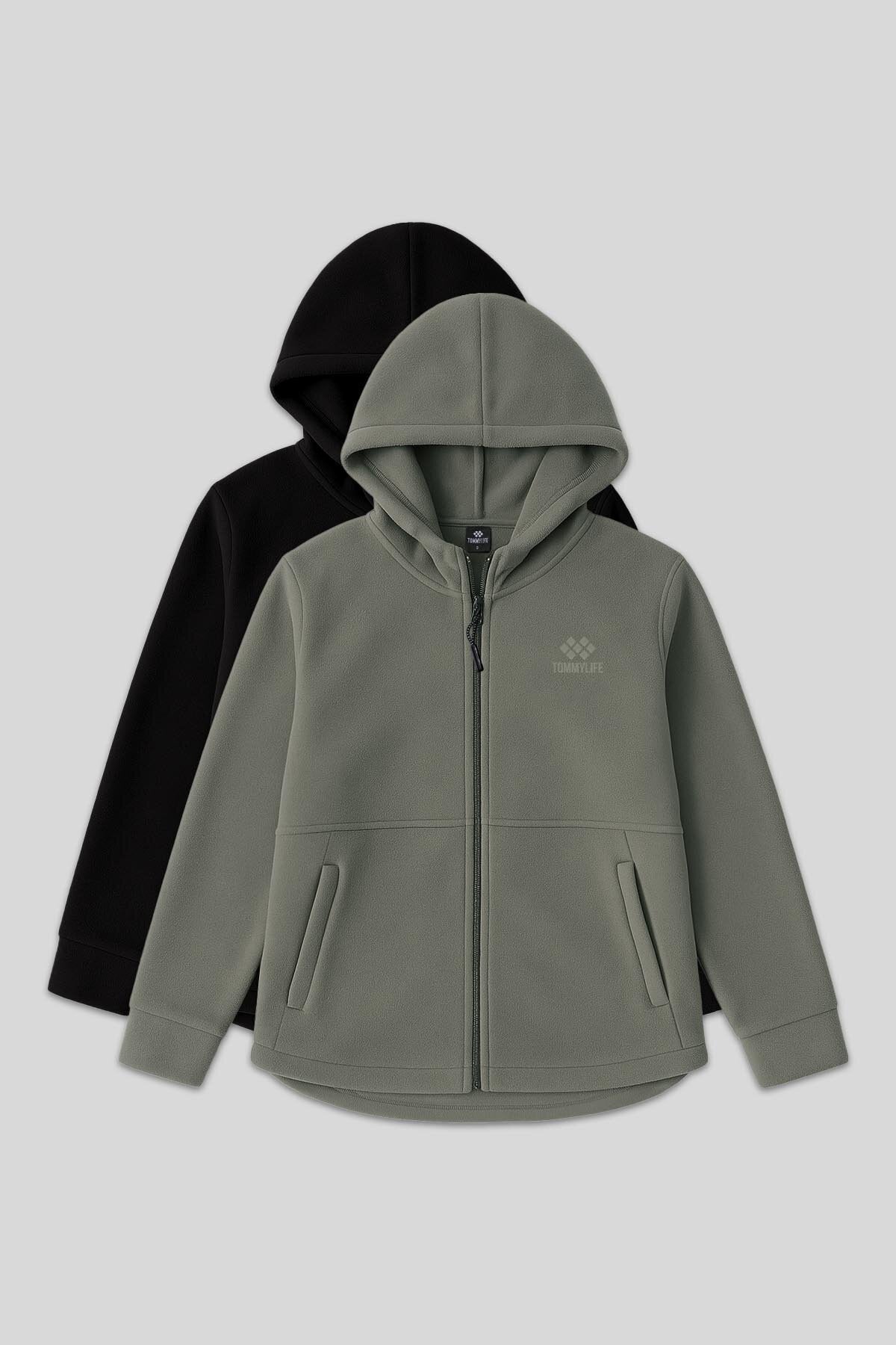 Image of Hanorac din fleece pentru femei, cu glugă, croială confortabilă, set de 2, negru-bleumarin - 97233