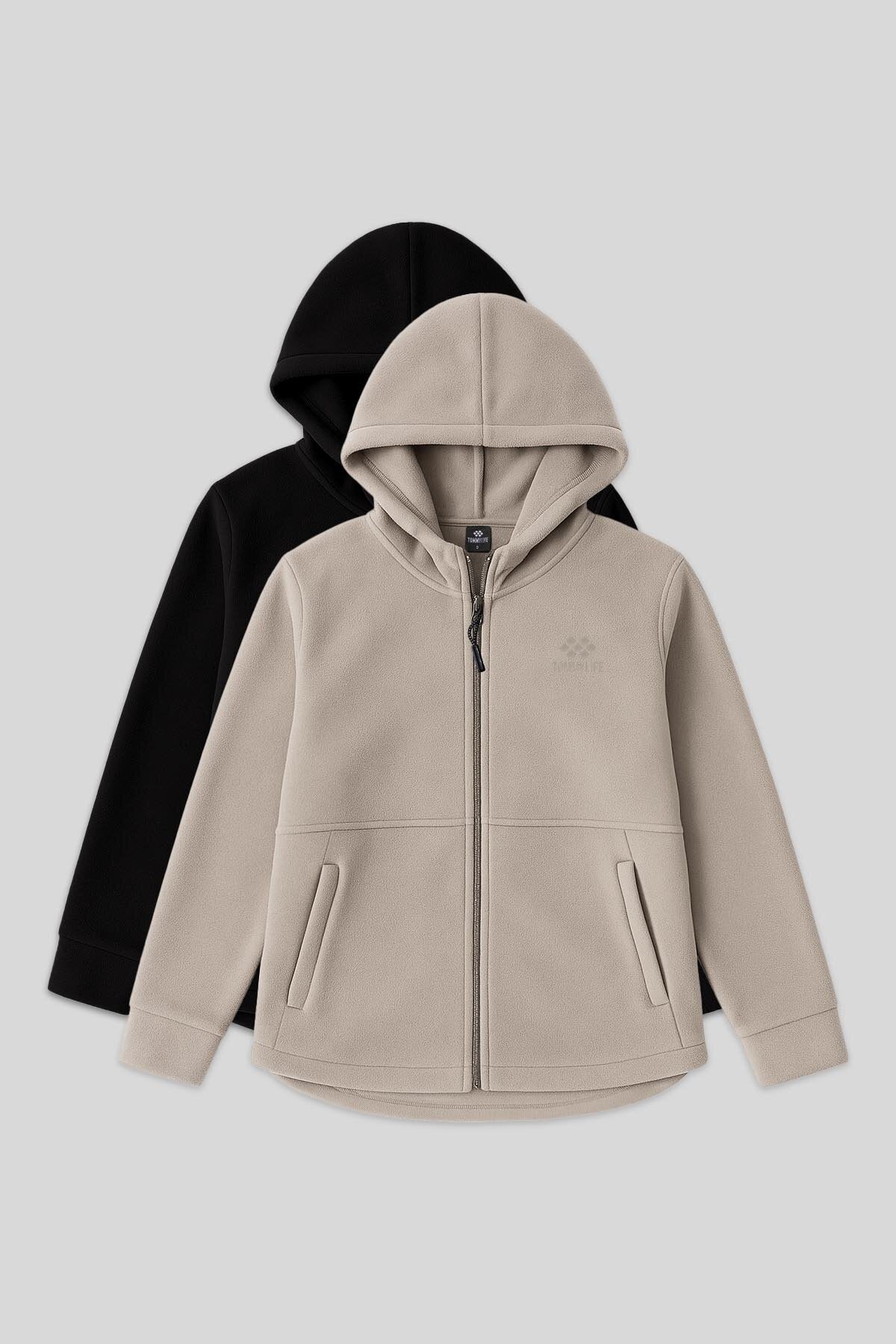 Image of Rahat Form Kapüşonlu 2'li Paket Siyah-Koyu Bej Kadın Polar Sweatshirt - 97233