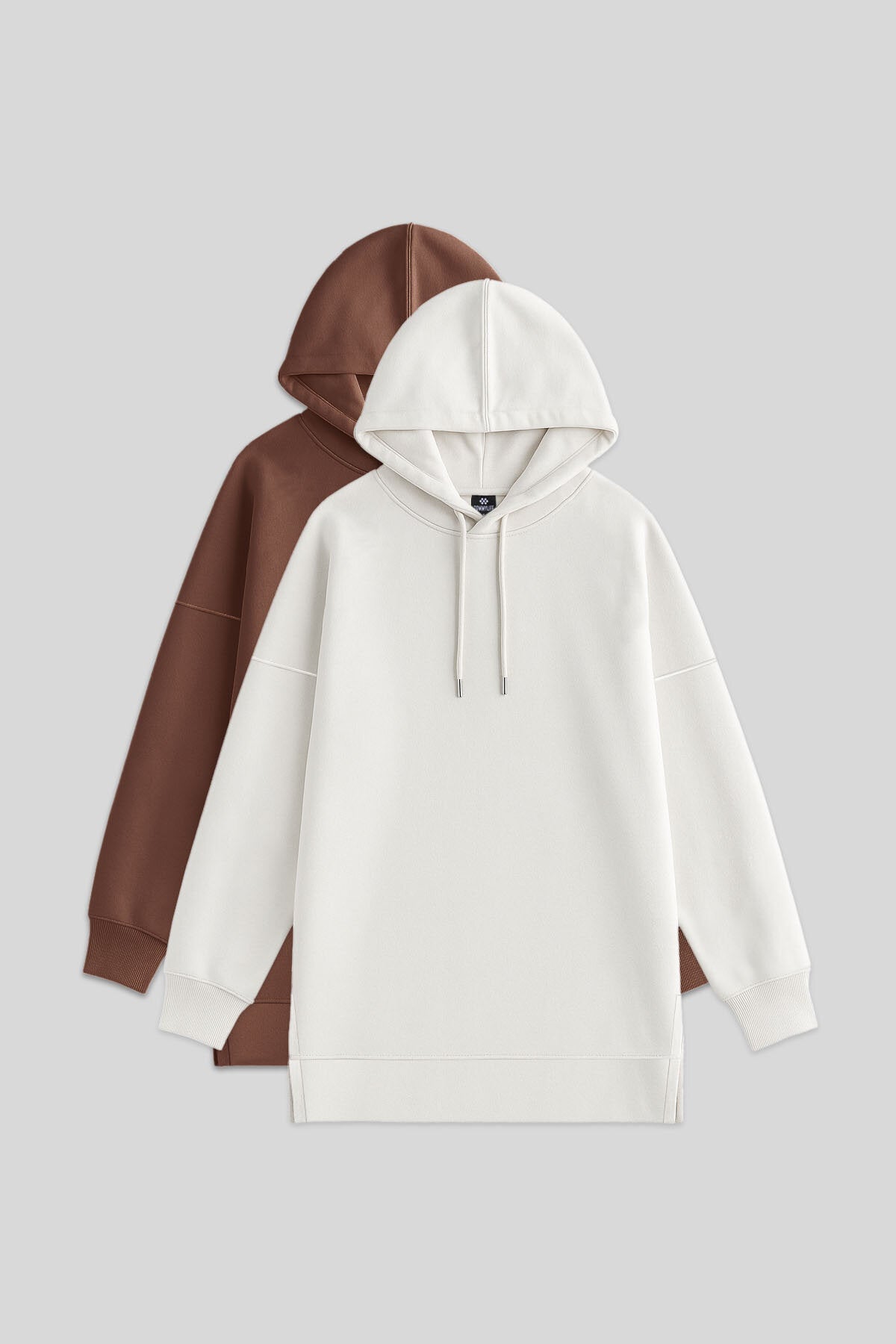 Image of Oversize Kapüşonlu 2'li Paket Ekru-Kahverengi Kadın Tunik Sweatshirt - 97242