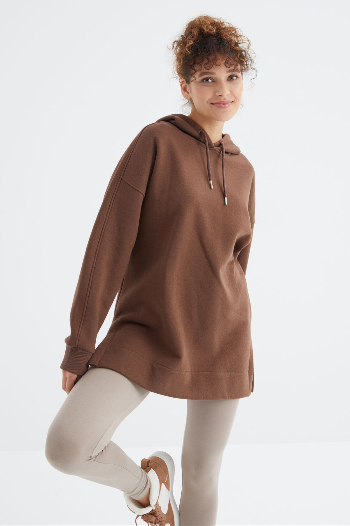 Image of Oversize Kapüşonlu 2'li Paket Ekru-Kahverengi Kadın Tunik Sweatshirt - 97242