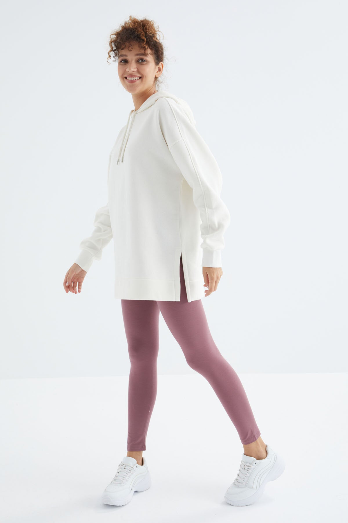 Image of Oversize Kapüşonlu 2'li Paket Ekru-Yaban Gülü Kadın Tunik Sweatshirt - 97242