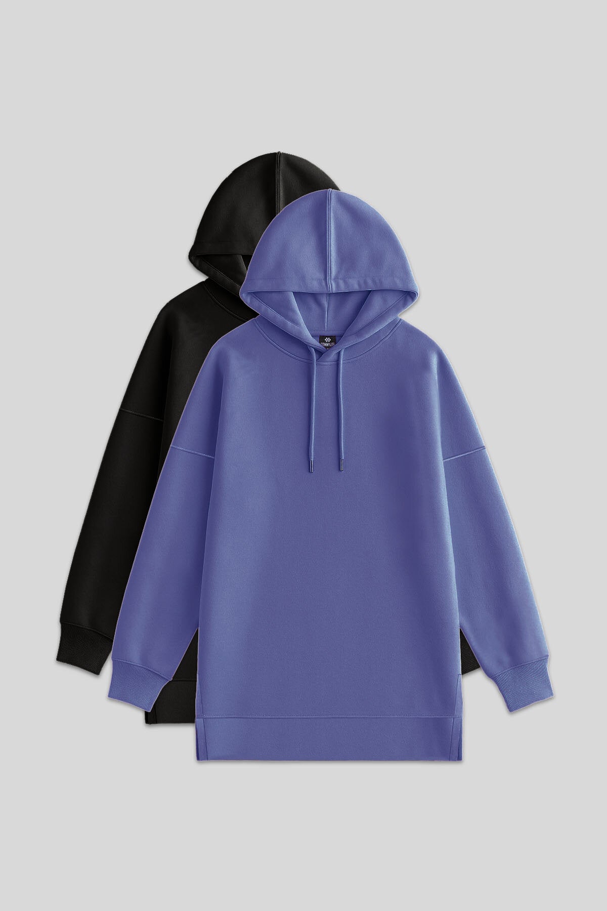 Image of Hanorac tunică pentru femei, cu glugă, set de 2, negru-violet, supradimensionat - 97242