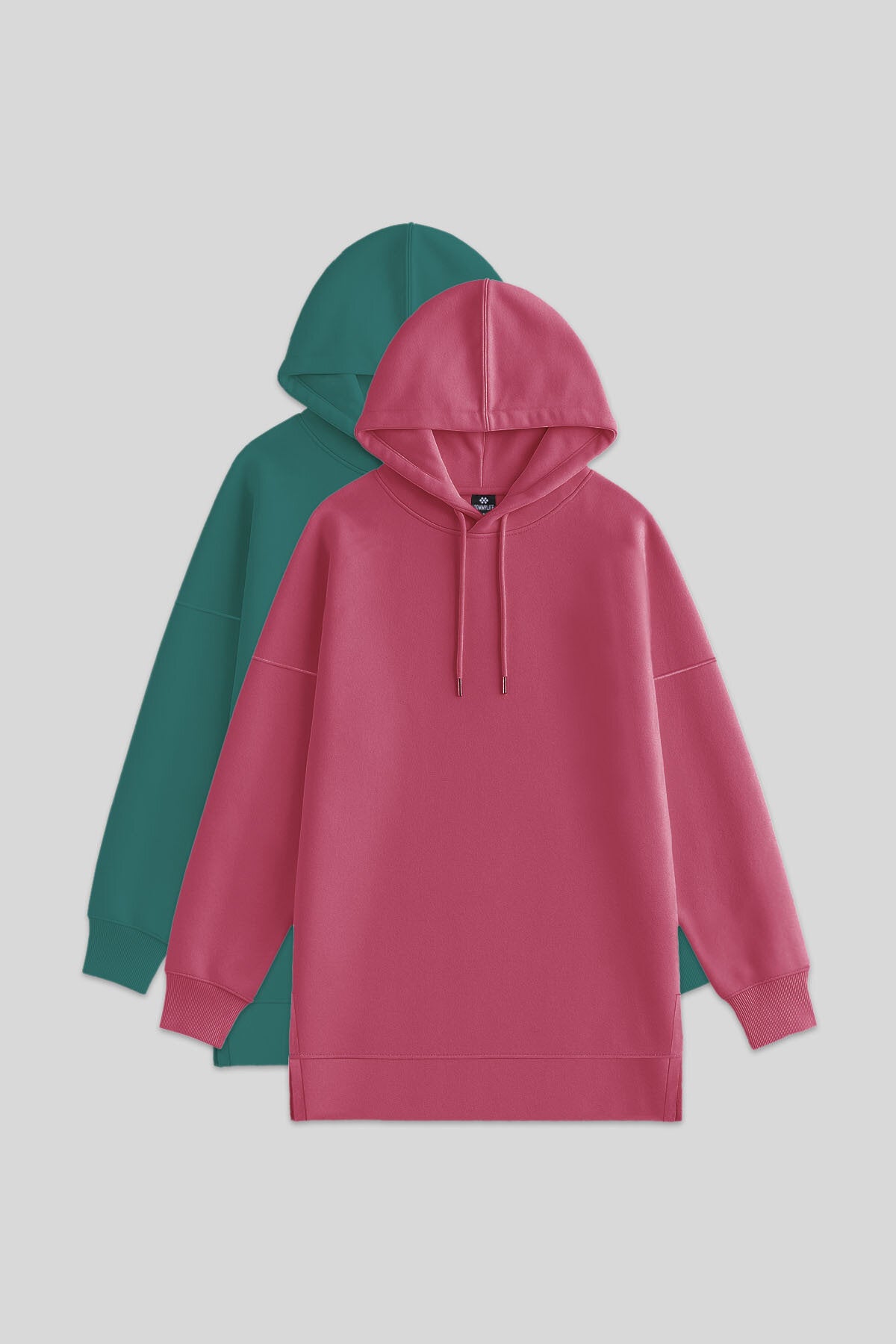 Image of Oversize Kapüşonlu 2'li Paket Yaban Gülü-Deniz Yeşili Kadın Tunik Sweatshirt - 97242