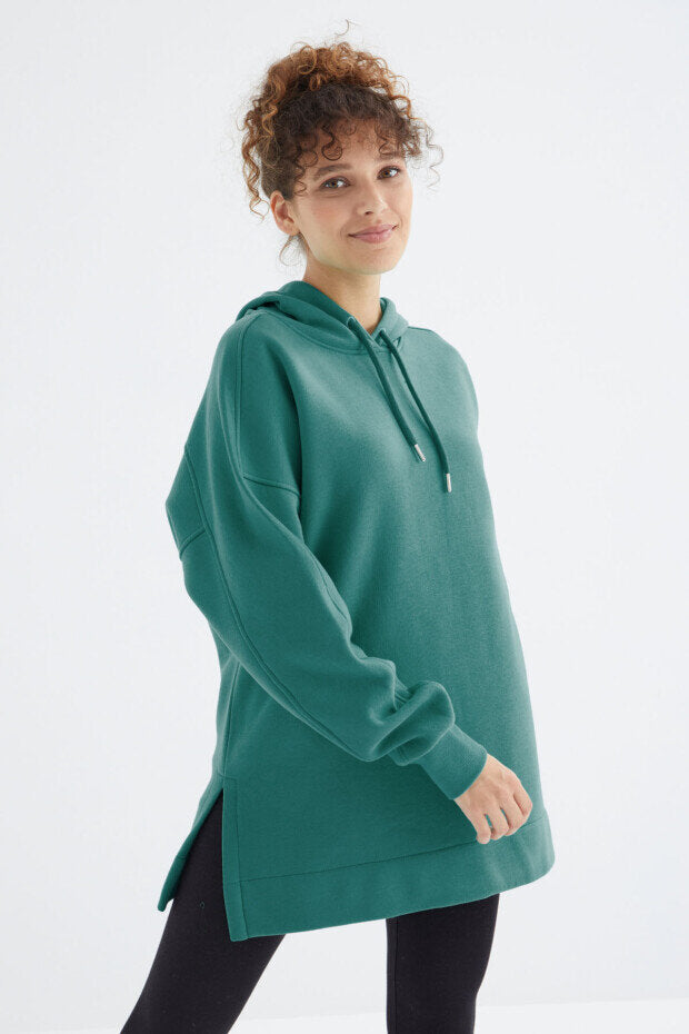 Image of Oversize Kapüşonlu 2'li Paket Yaban Gülü-Deniz Yeşili Kadın Tunik Sweatshirt - 97242