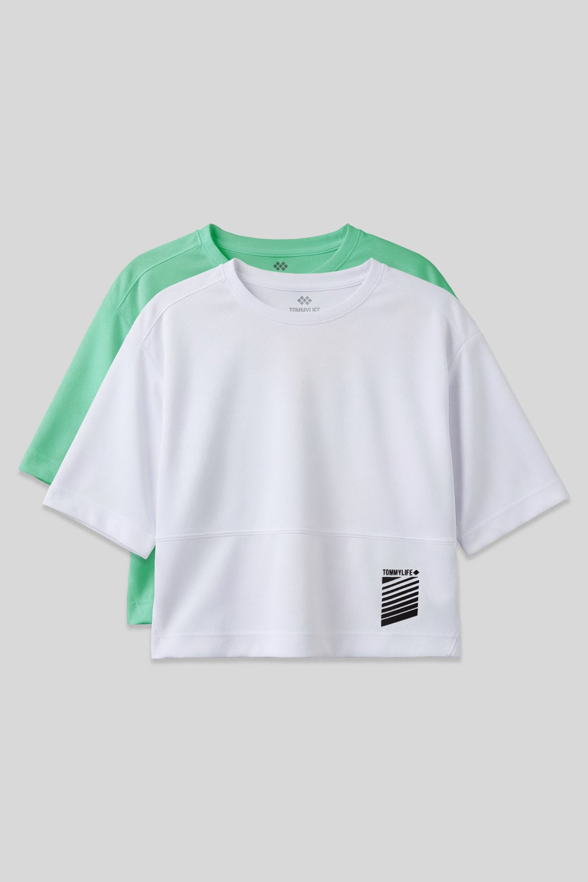 Image of Oversize Fit O Yaka 2'li Paket Beyaz-Su Yeşili Kadın T-Shirt - 97284