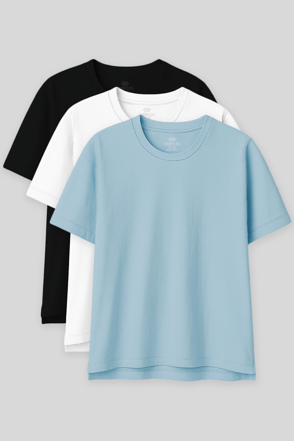Image of Oversize Fit Basic O Yaka 3'lü Paket Siyah-Beyaz-Açık Mavi Kadın T-Shirt  97285