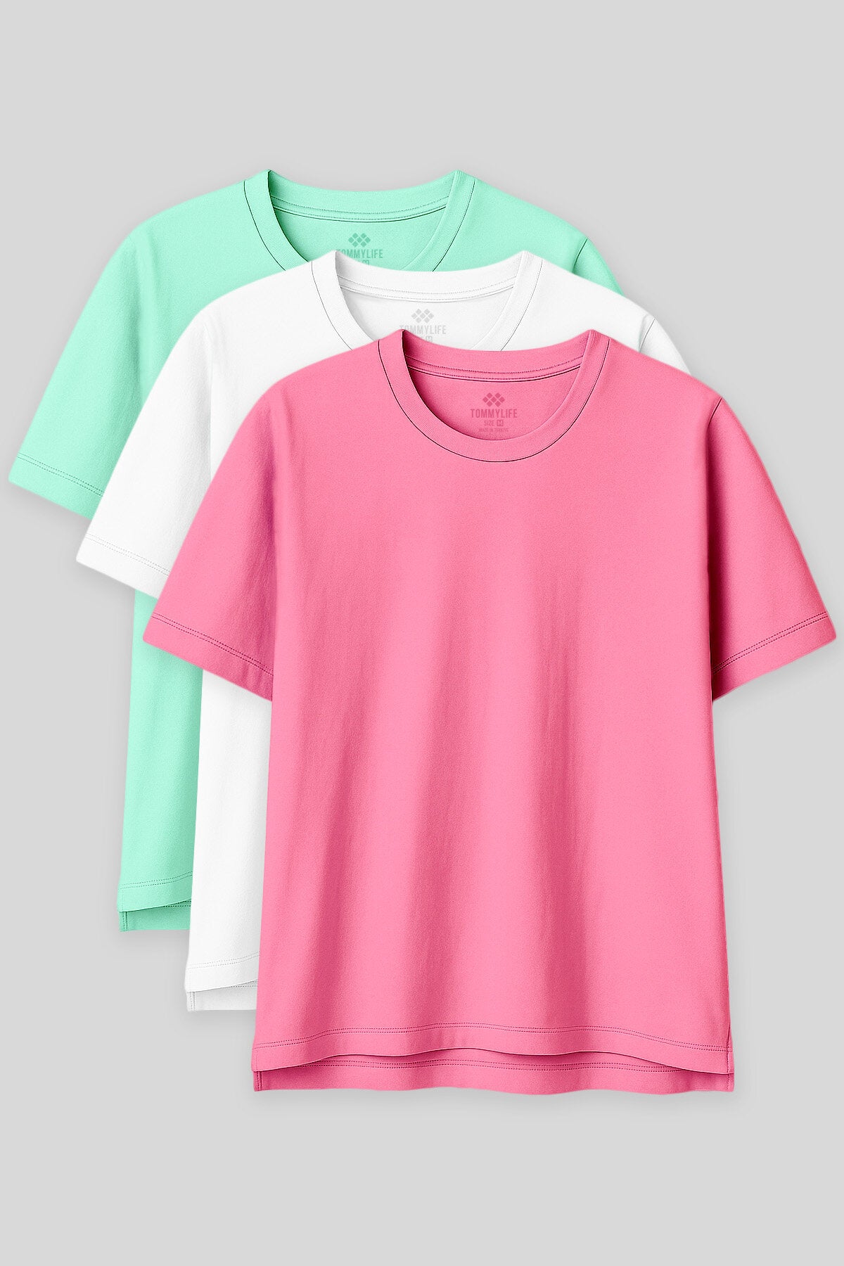 Image of Oversize Fit Basic O Yaka 3'lü Paket Su Yeşili-Beyaz-Şeker Pembe Kadın T-Shirt  97285