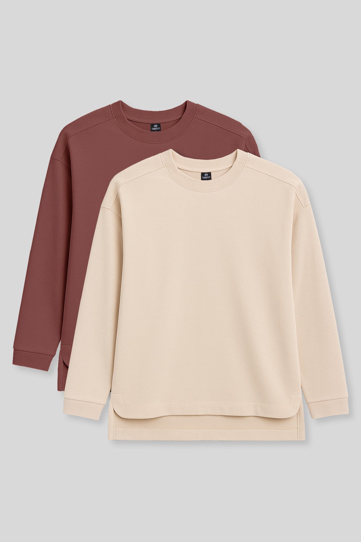 Image of Rahat Form O Yaka 2'li Paket Bej-Kahverengi Kadın Tunik Sweatshirt - 97305
