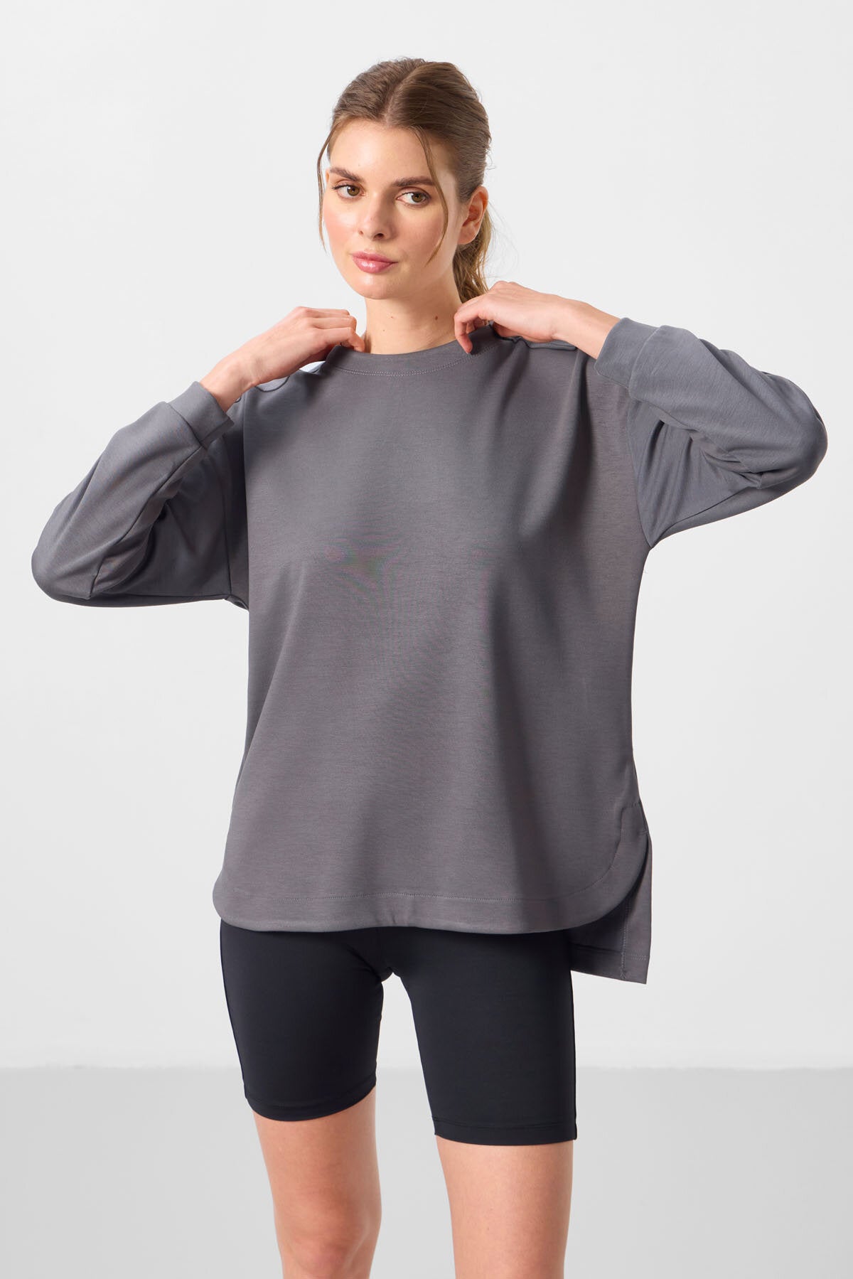Image of Relaxed Fit Crew Neck 2-Pack Black-Dark Grey Women's Tunic Sweatshirt - 97305