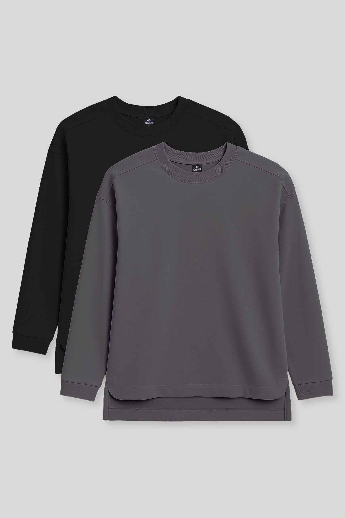 Image of Rahat Form O Yaka 2'li Paket Siyah-Koyu Gri Kadın Tunik Sweatshirt - 97305