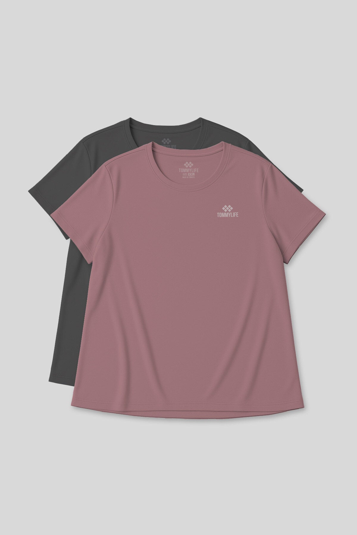 Image of Rahat Form 2'li Paket Koyu Gri-Gül Kurusu Battal Kadın T-Shirt - 97308