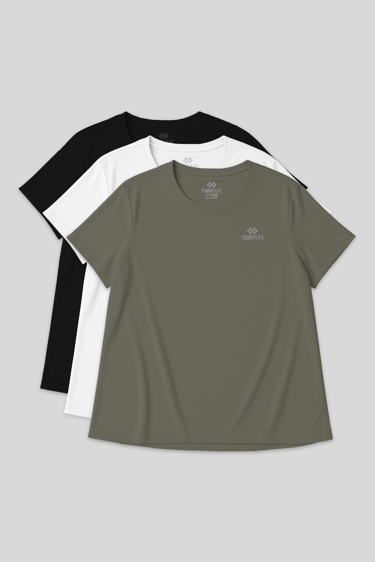 Image of Rahat Form 3'lü Paket Siyah-Beyaz-Haki Battal Kadın T-Shirt - 97308