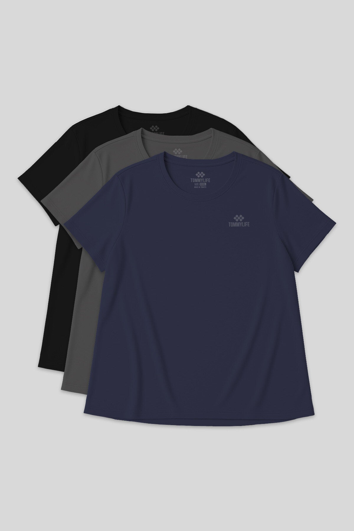 Image of Rahat Form 3'lü Paket Siyah-İndigo-Koyu Gri Battal Kadın T-Shirt - 97308