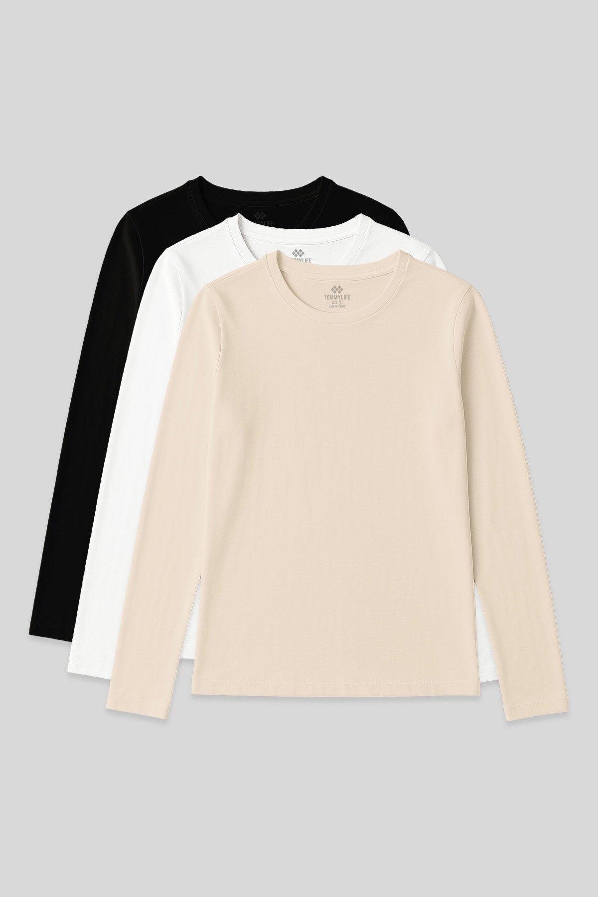 Image of Standart Fit Basic O Yaka 3'lü Paket Siyah-Beyaz-Bej Kadın T-Shirt - 97312