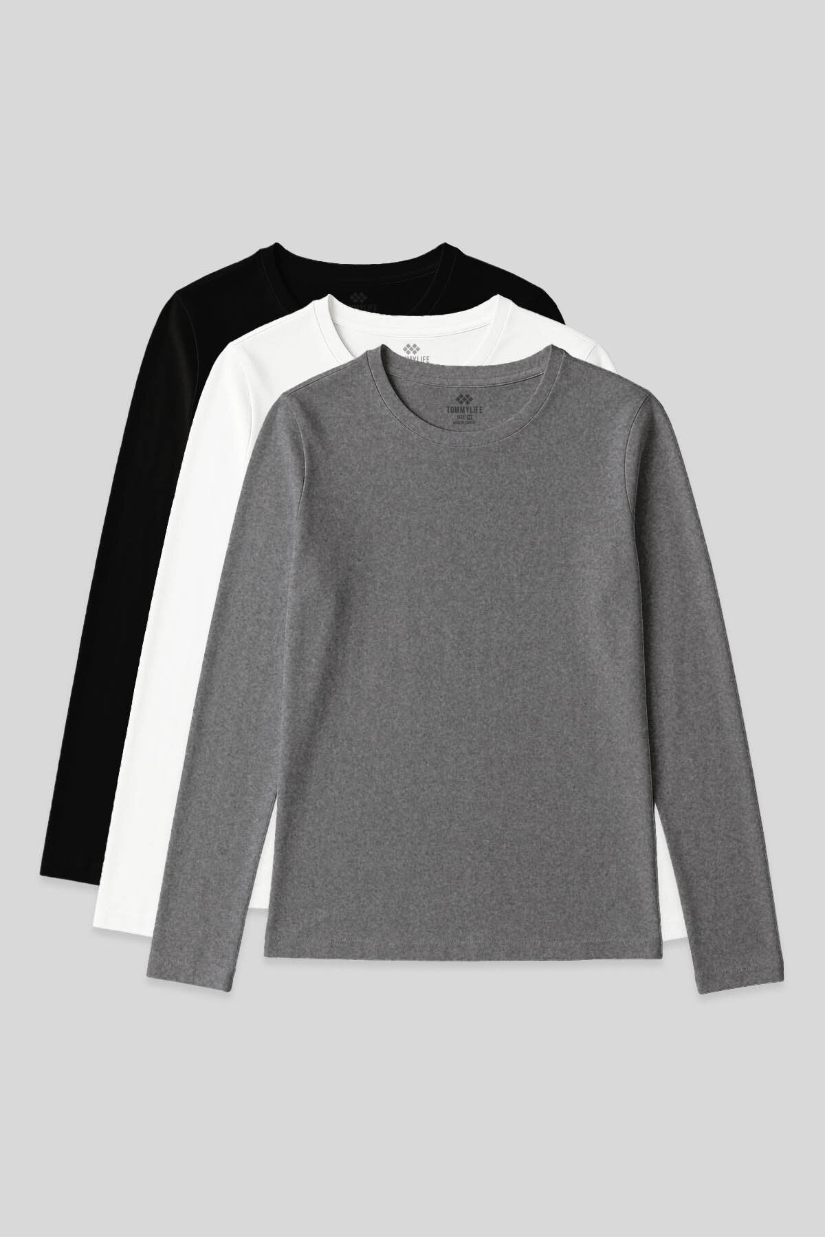 Image of Standart Fit Basic O Yaka 3'lü Paket Siyah-Beyaz-Gri Melanj Kadın T-Shirt - 97312