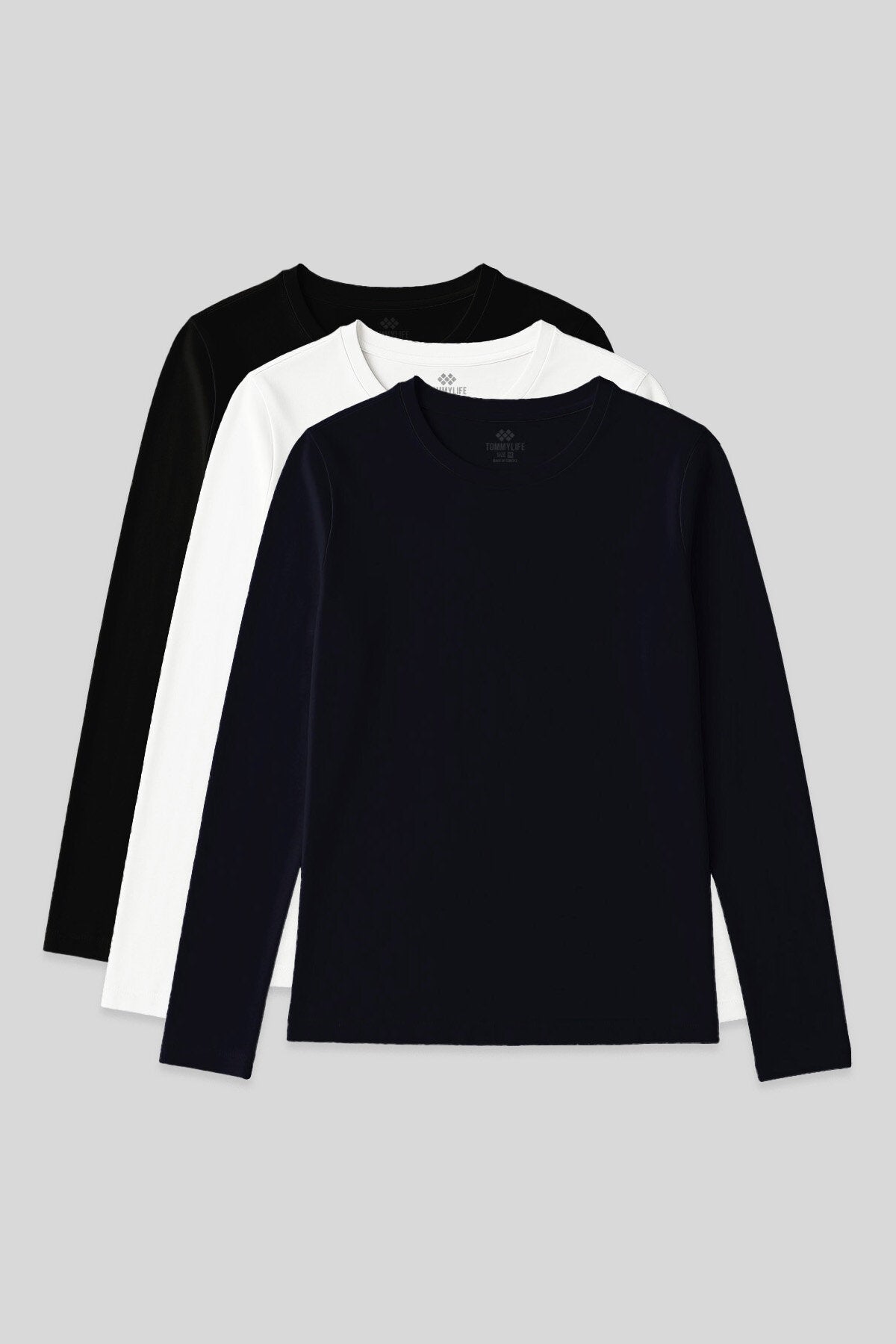 Image of Tricou de damă Standard Fit Basic Rotund cu guler rotund, set de 3 bucăți, negru-alb-bleumarin - 97312