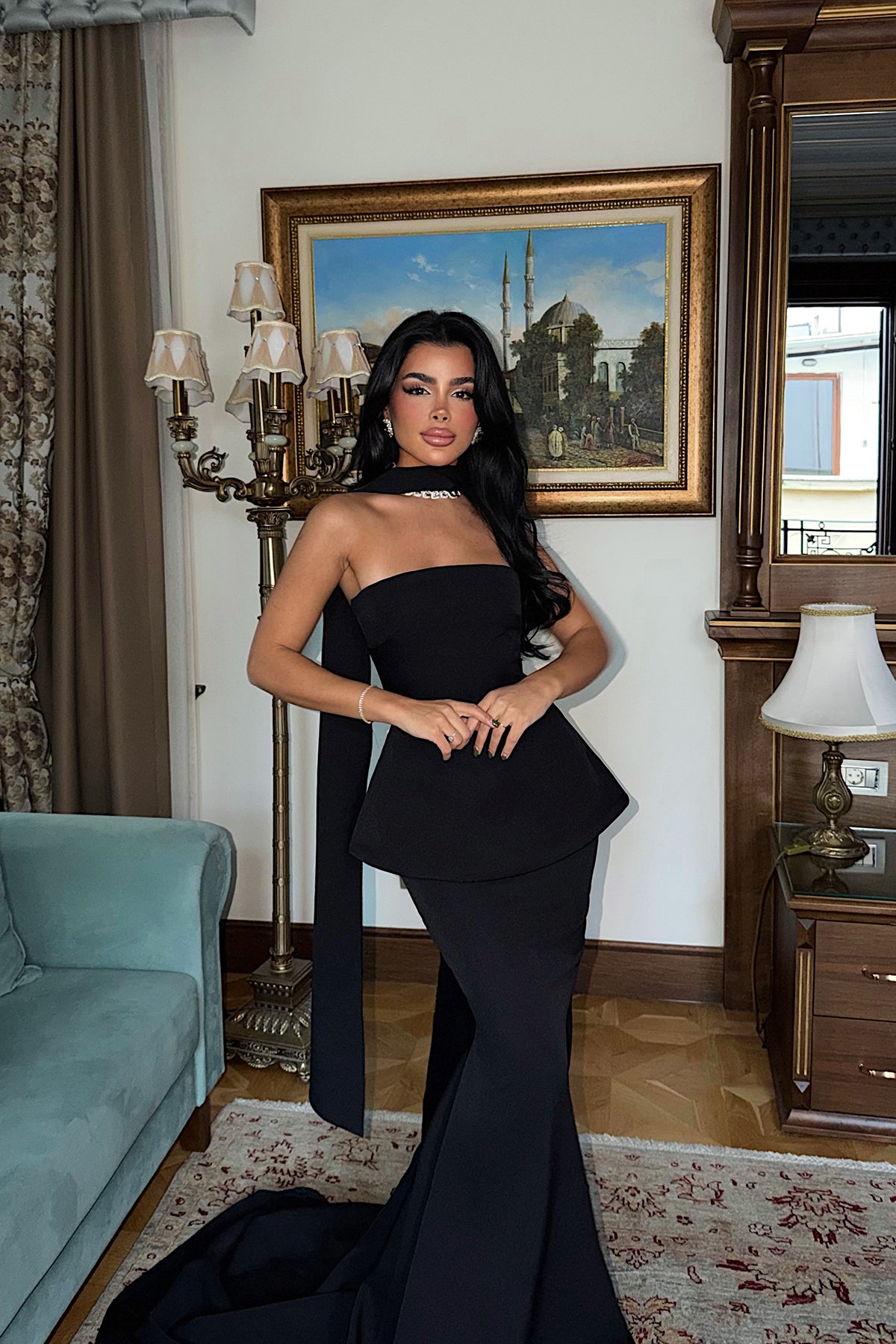 Image of Siyah Benedita Uzun Fularlı Elbise ATE-3522
