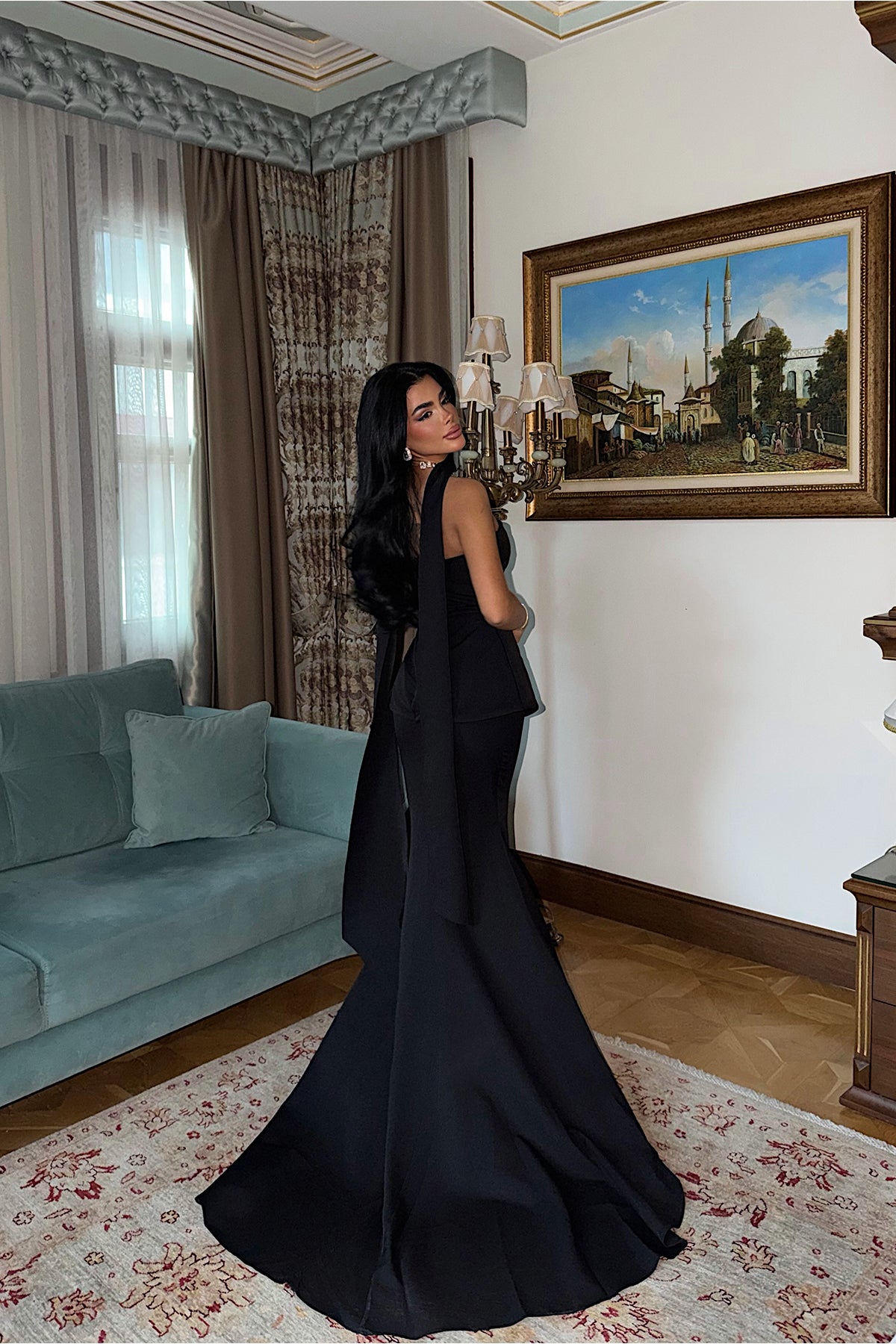 Image of Siyah Benedita Uzun Fularlı Elbise ATE-3522