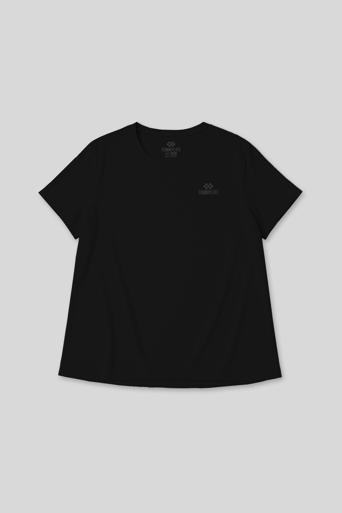 Image of Siyah Baskılı O Yaka Rahat Form Battal Büyük Beden Kadın T-Shirt - 97308