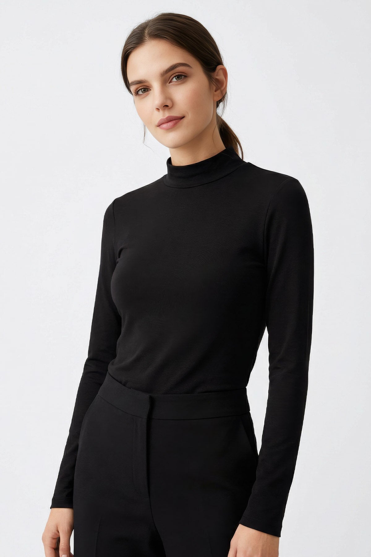 Image of Siyah Balıkçı Yaka Basic Uzun Kollu Kadın Body - 97306
