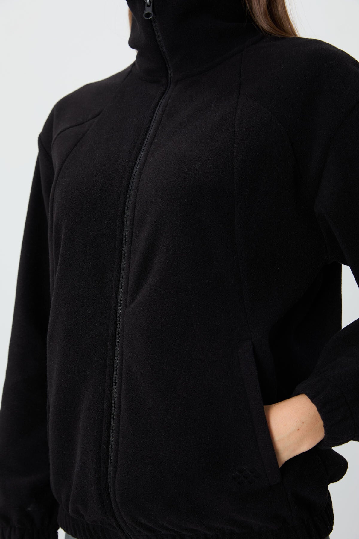 Image of Siyah Kalın Yumuşak Dokulu Dik Yaka Oversize Nakışlı Polar Kadın Sweatshirt - 97293