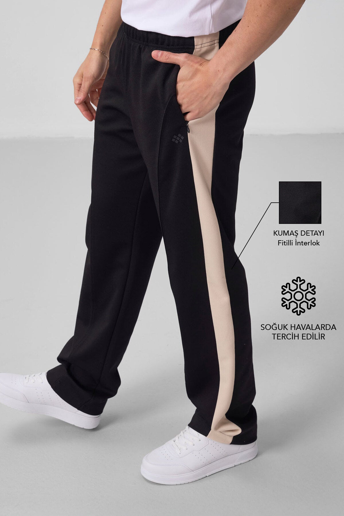 Image of Siyah-Bej Yüzeyi Dokulu Standart Fit Palazzo Erkek Pantolon - 82171