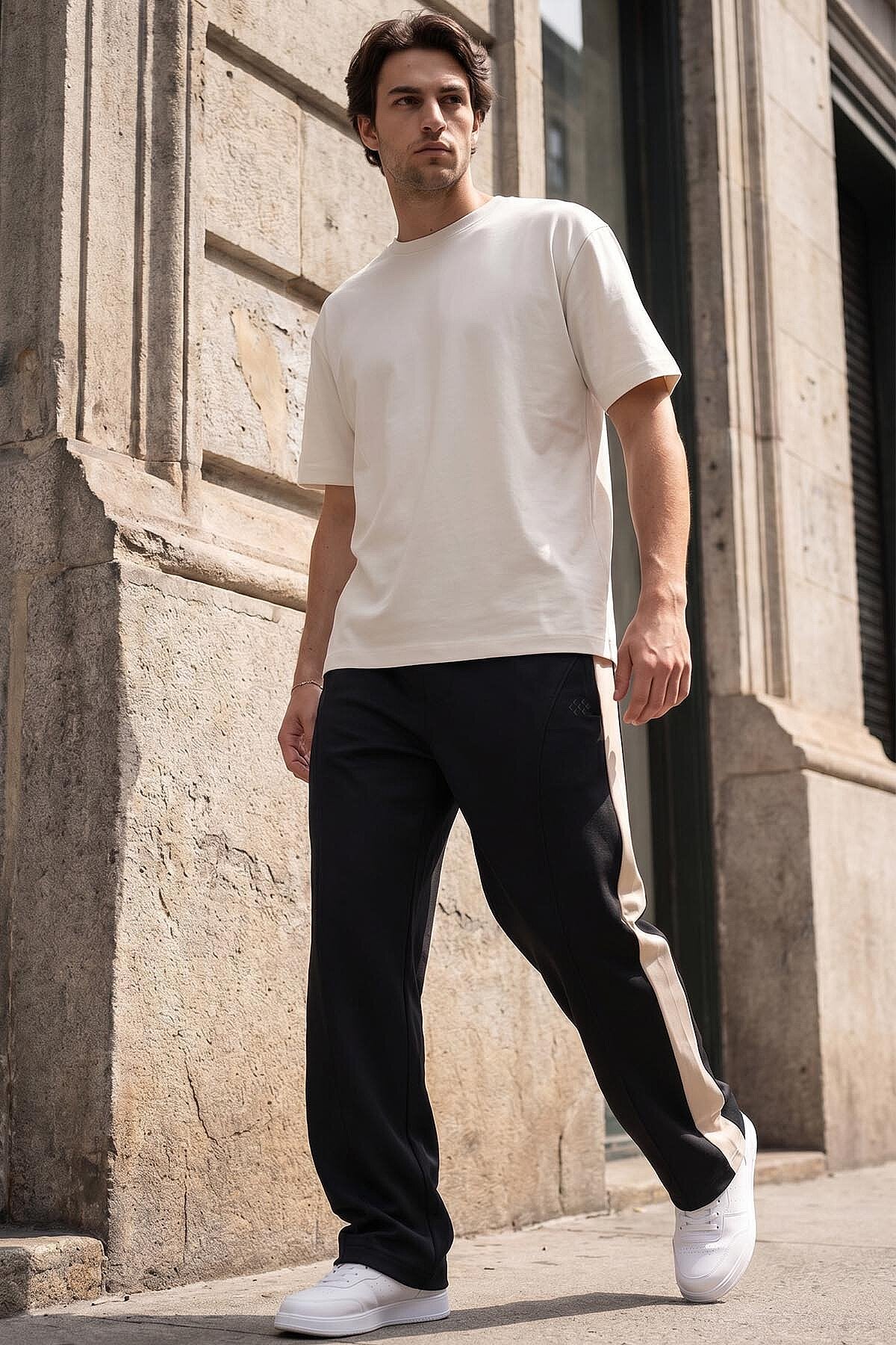 Image of Siyah-Bej Yüzeyi Dokulu Standart Fit Palazzo Erkek Pantolon - 82171