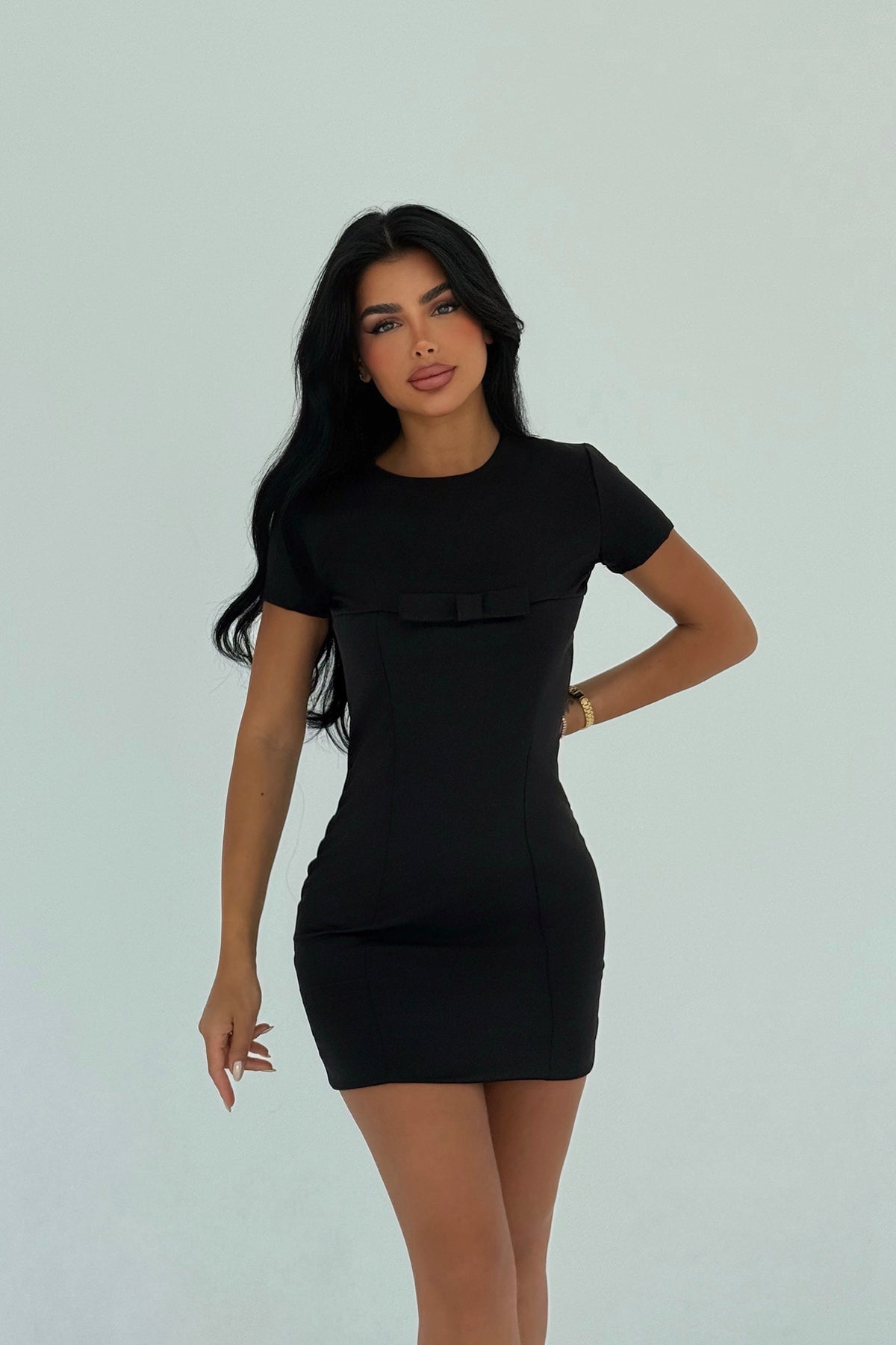 Image of Siyah Ynise Fiyonk Detaylı Mini Elbise ATE-3015