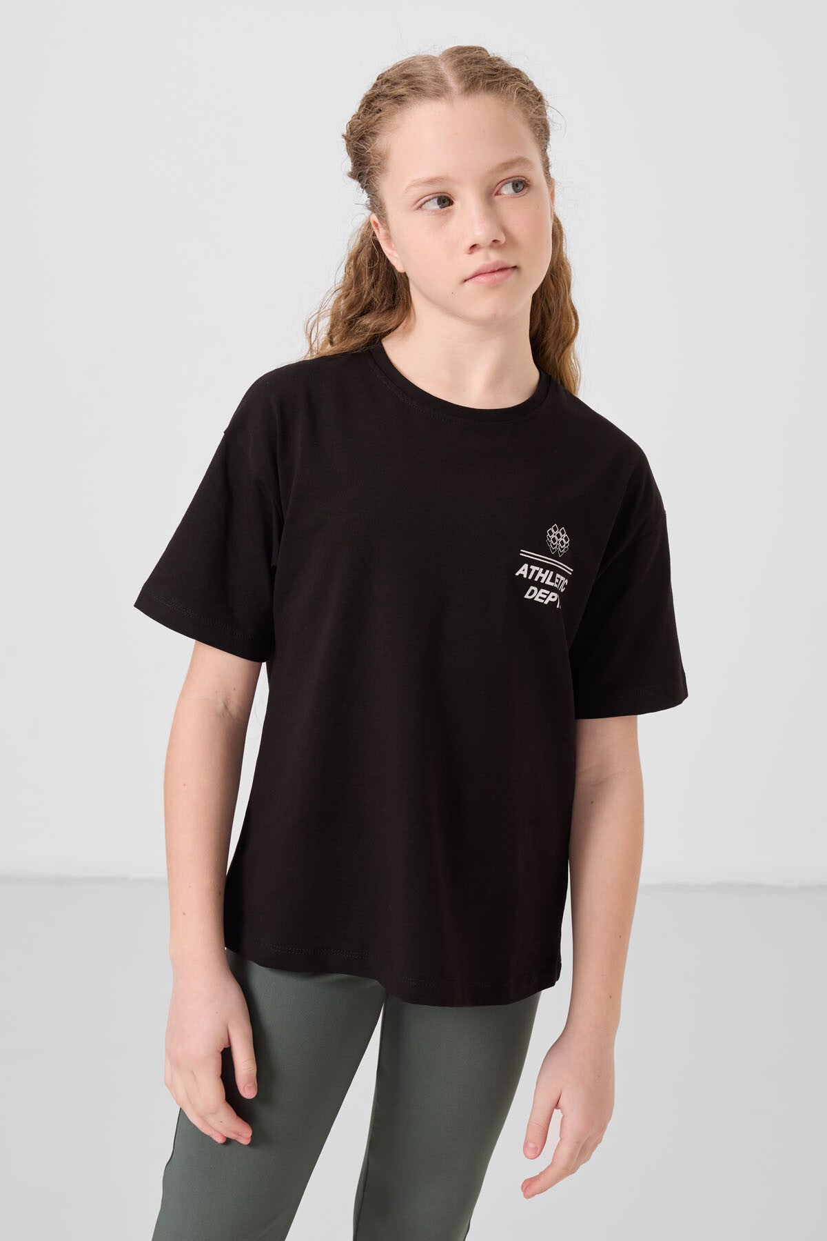 Image of Siyah Pamuklu O Yaka Oversize Fit Baskılı Kız Çocuk T-Shirt - 75178