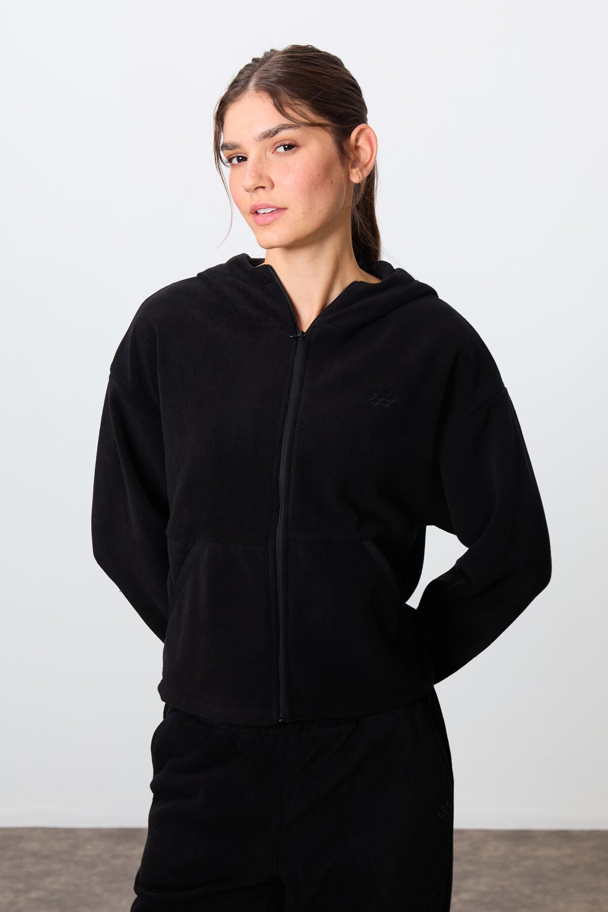 Image of Black Thick Soft Textured Hooded Oversize Embroidered Fleece Women's Tracksuit Set -95338