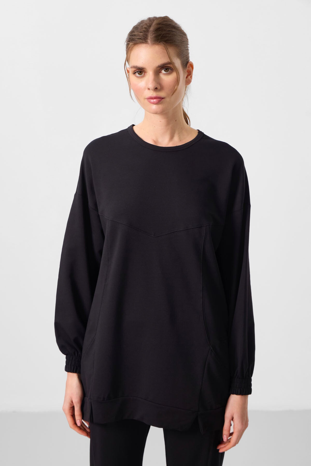Image of Siyah O Yaka Basic Oversize Kadın Eşofman Tunik Takım - 95347